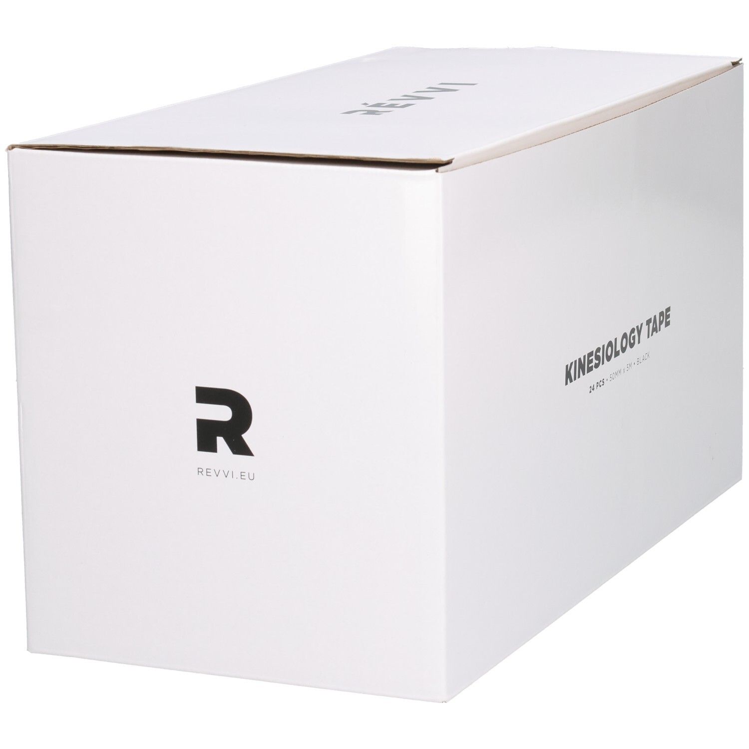 Boîte blanche avec l'inscription KINESIOLOGY TAPE. Logo et nom de la marque. Contient 24 pièces, 50mm x 5m, noir.