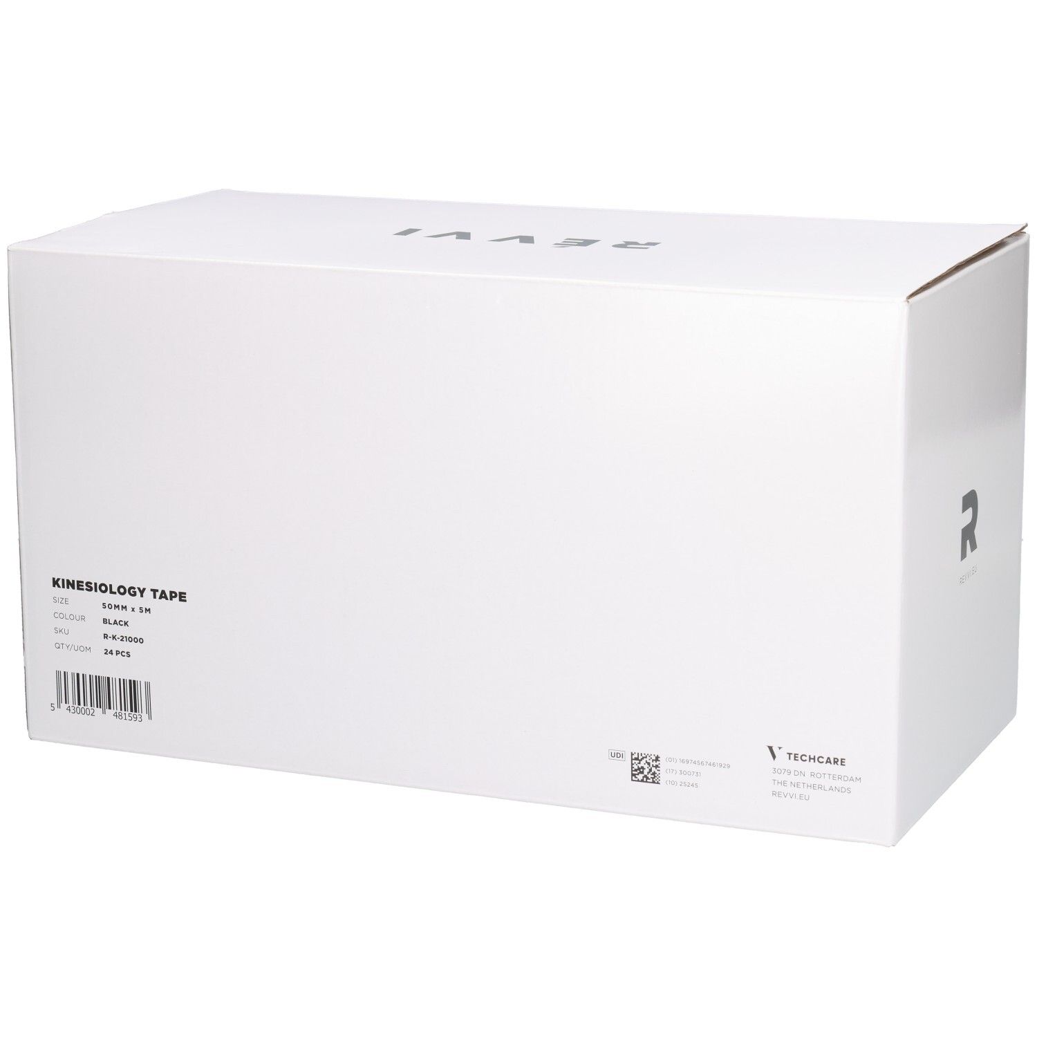 Boîte blanche avec l'inscription KINESIOLOGY TAPE. Logo et nom de la marque. Contient 24 pièces, 50mm x 5m, noir.