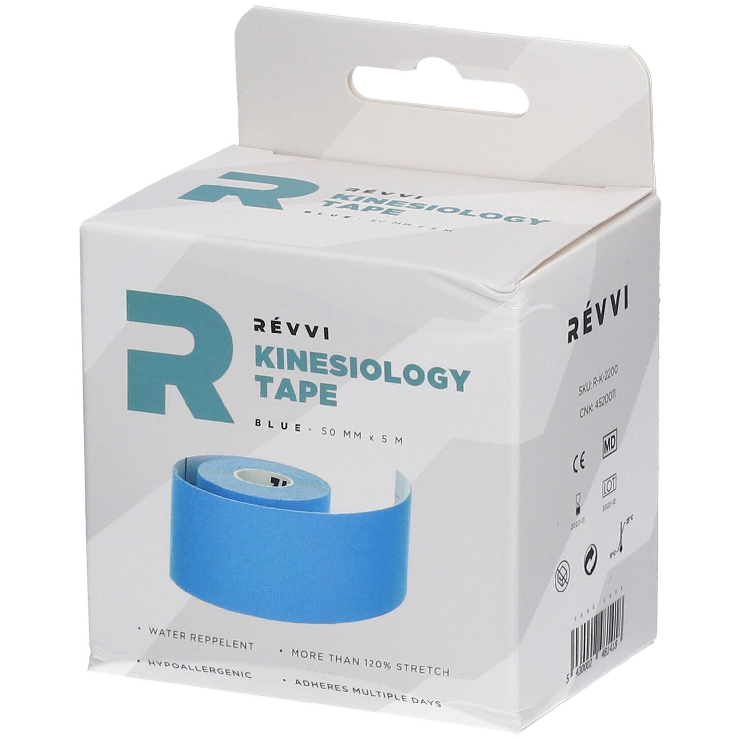 RÉVVI Kinesiology Tape Bleu. Rouleau bleu dans emballage blanc. 50 mm x 5 m. Hydrofuge, plus de 120% d'étirement.