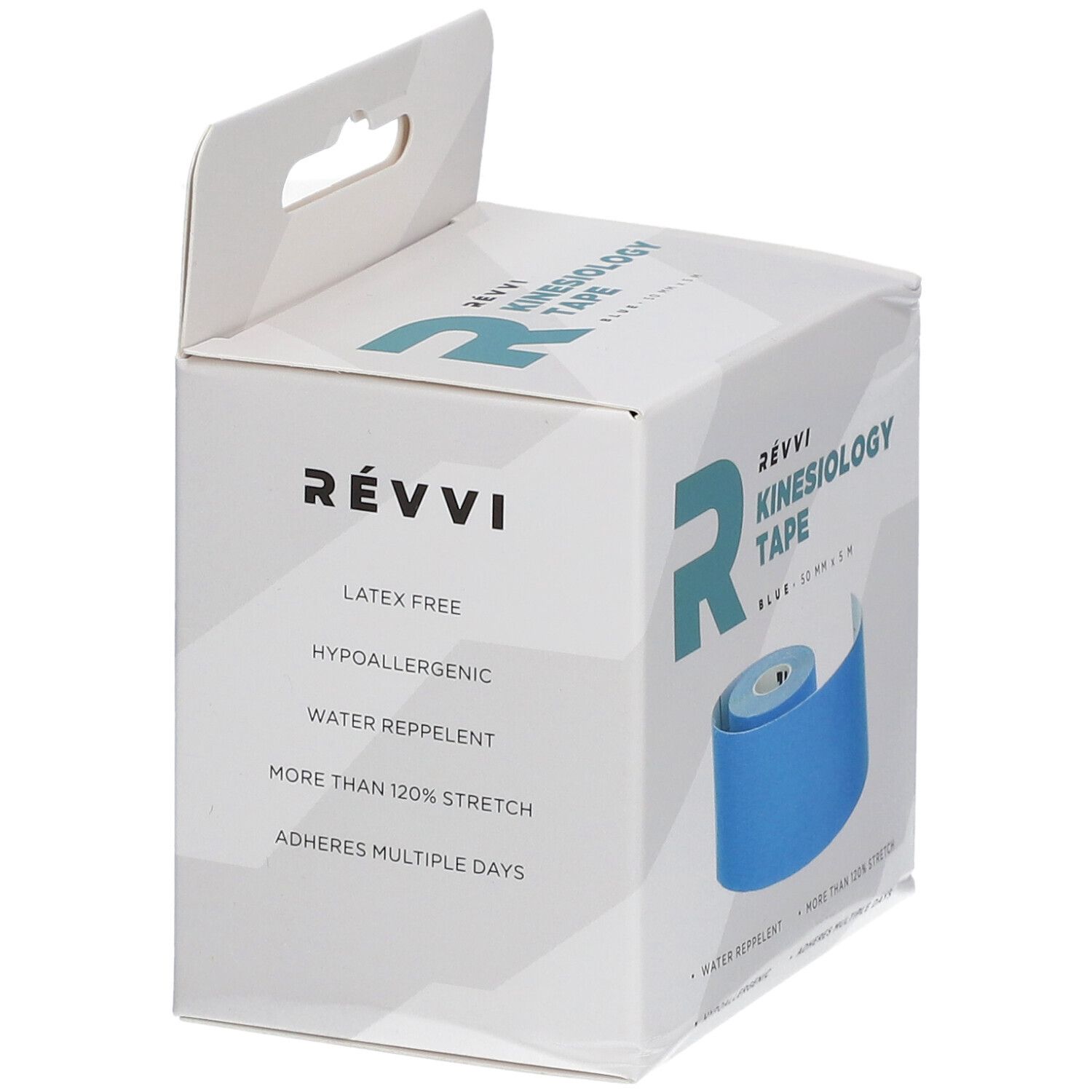 RÉVVI Kinesiology Tape Bleu. Rouleau bleu dans emballage blanc. Sans latex, hypoallergénique, hydrofuge, plus de 120% d'étirement.