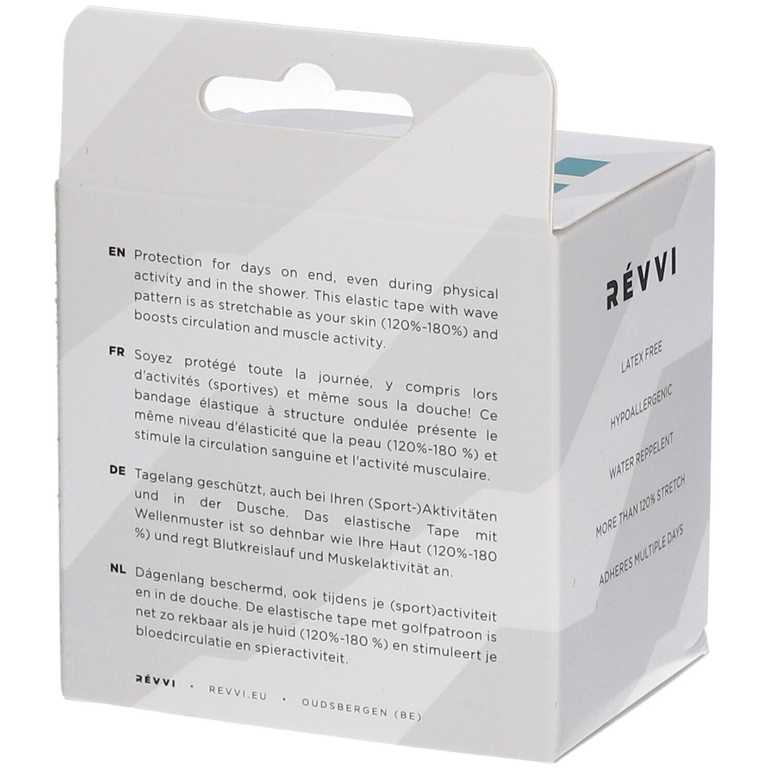 RÉVVI Kinesiology Tape Bleu. Emballage avec texte en allemand, français, néerlandais et anglais. Sans latex, hydrofuge.