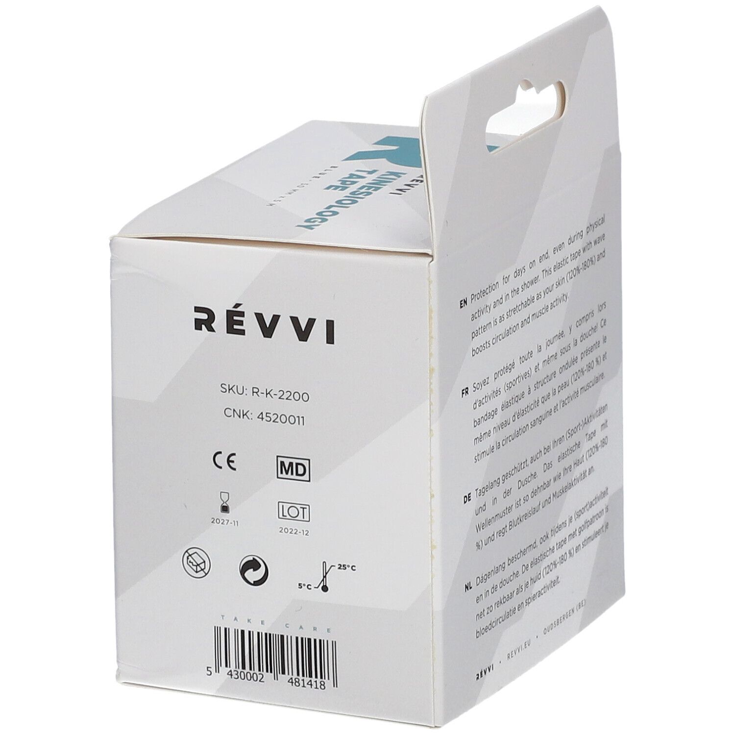 RÉVVI Kinesiology Tape Bleu. Emballage avec informations produit. SKU, CNK, numéro de lot, marquage MD, durabilité.