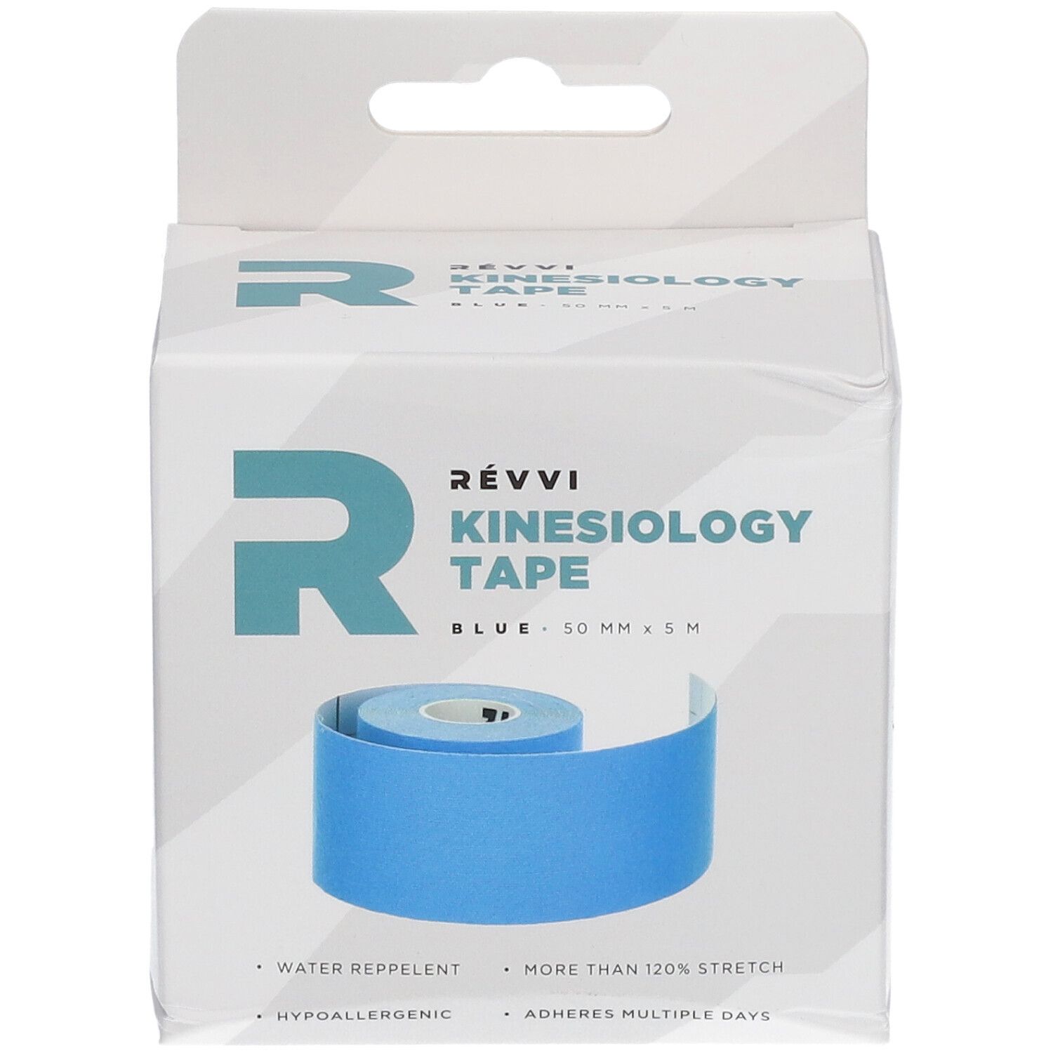 RÉVVI Kinesiology Tape Bleu. Rouleau bleu dans emballage blanc. 50 mm x 5 m. Hydrofuge, plus de 120% d'étirement.