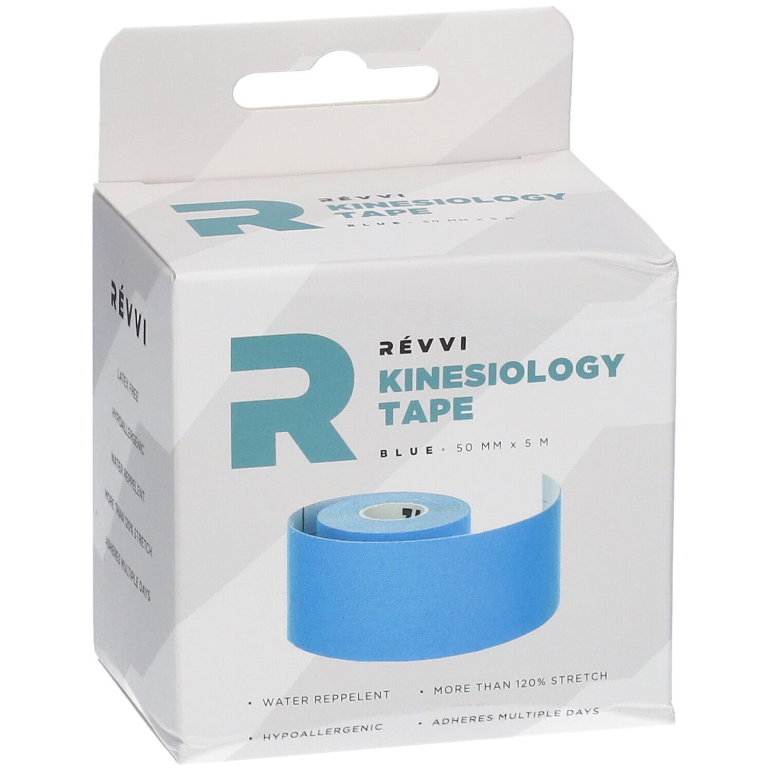 RÉVVI Kinesiology Tape Bleu. Rouleau bleu dans emballage blanc. 50 mm x 5 m. Hydrofuge, plus de 120% d'étirement.