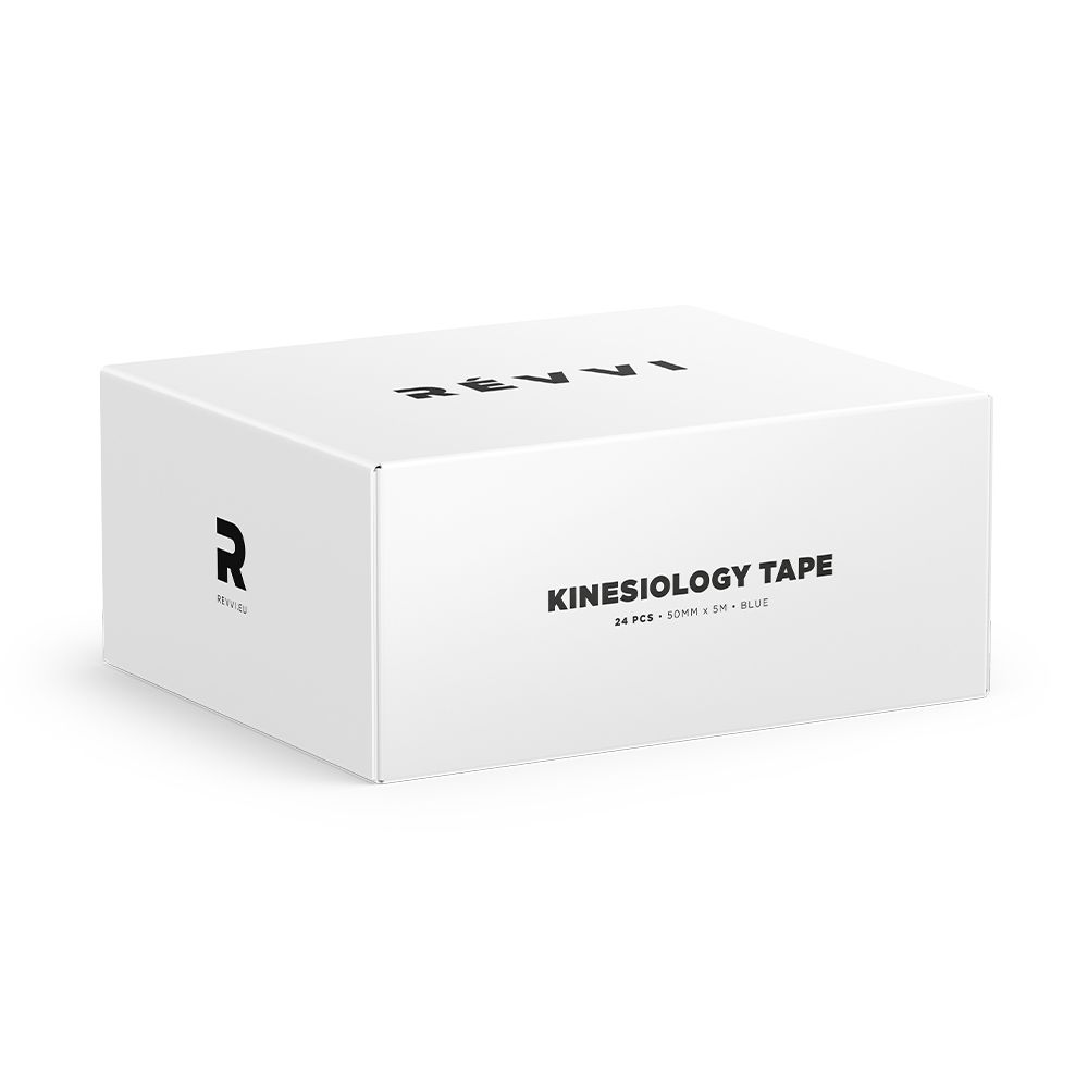 Boîte blanche avec logo RÉVVI et texte Kinesiology Tape. Contient 24 pièces. Couleur bleue.