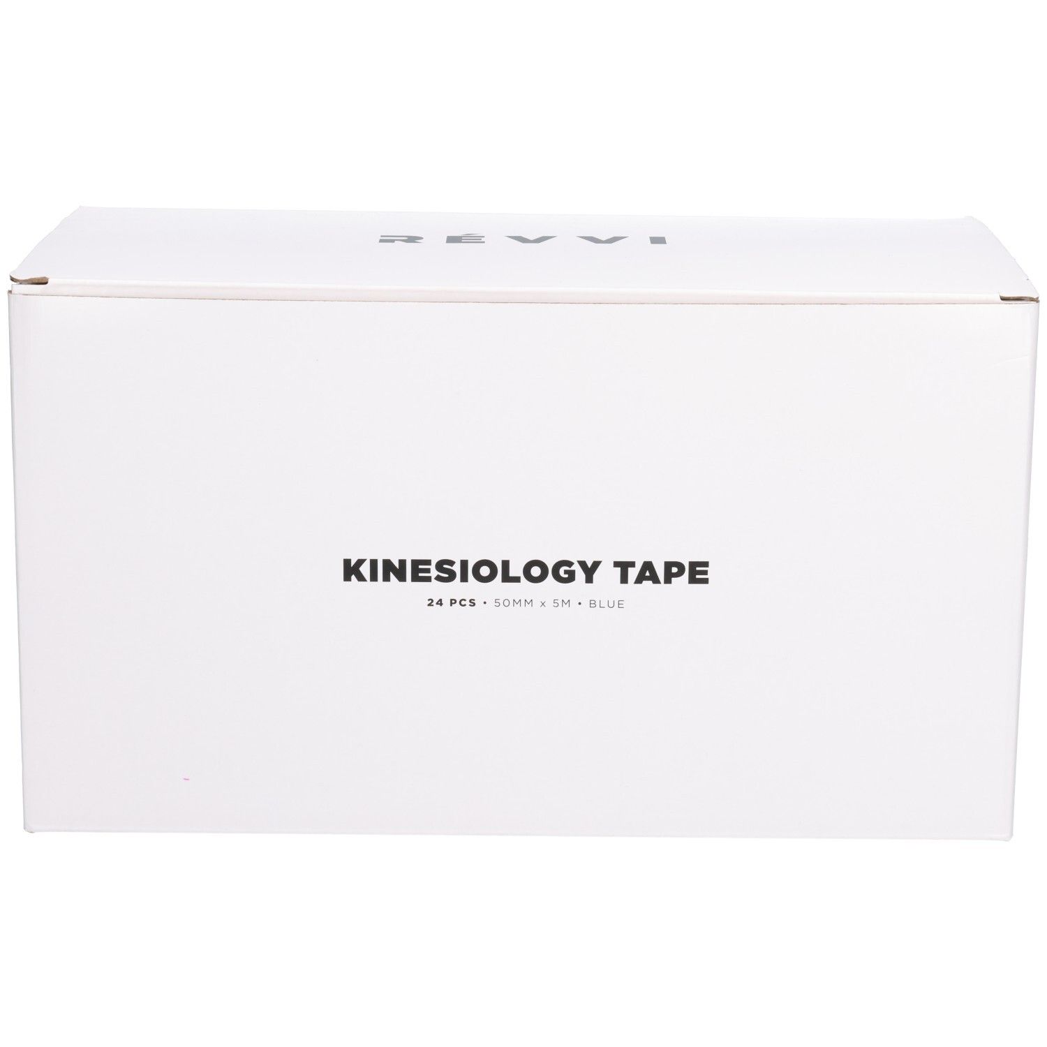 Boîte blanche avec texte Kinesiology Tape. Contient 24 pièces. Couleur bleue. Marque RÉVVI en haut.