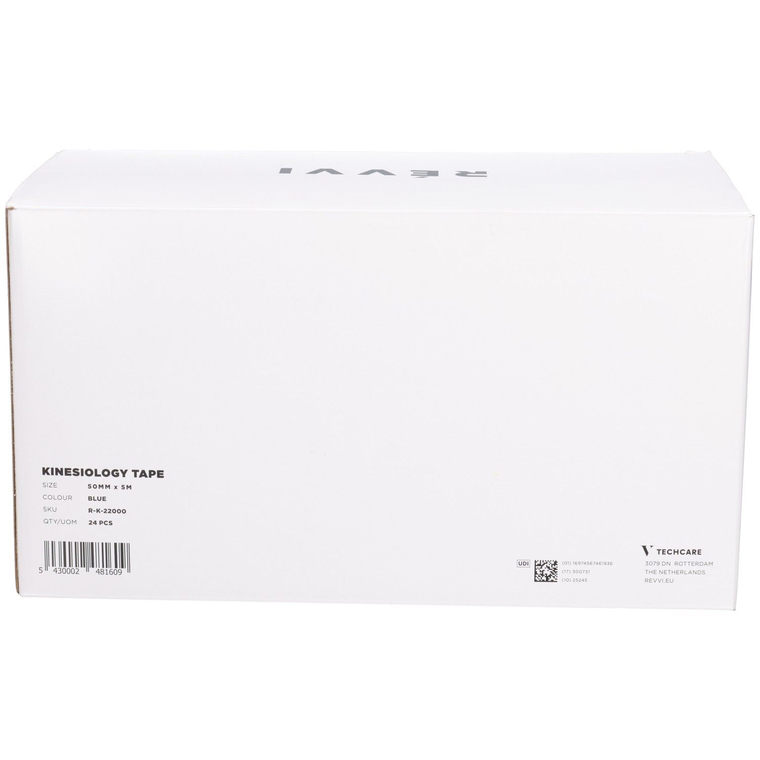 Boîte blanche avec texte Kinesiology Tape. Contient 24 pièces. Couleur bleue. Marque RÉVVI en haut.