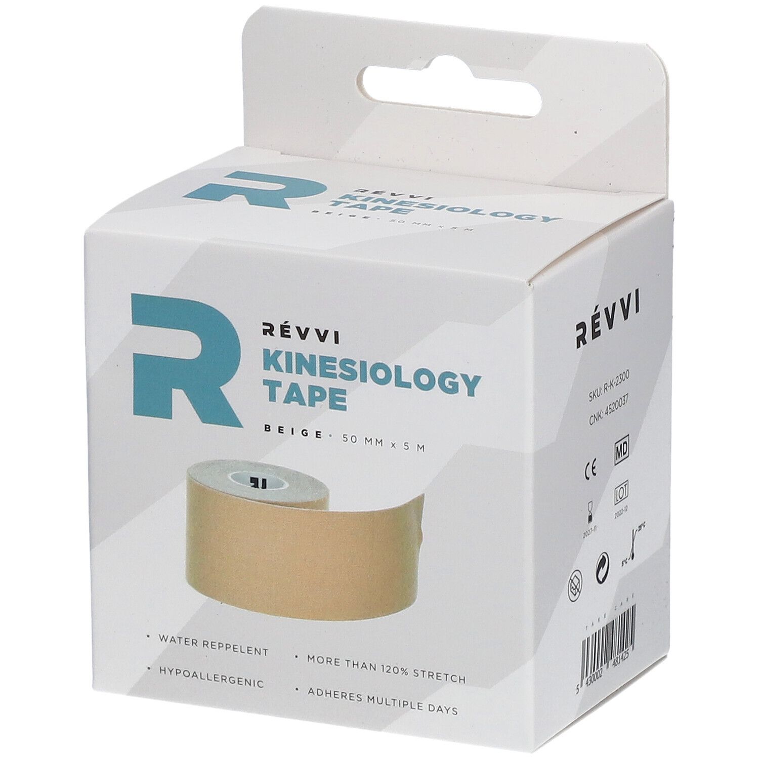 Ruban de kinésiologie beige en boîte. Marque RÉVVI. 50 mm x 5 m. Hydrofuge, hypoallergénique, extensible.