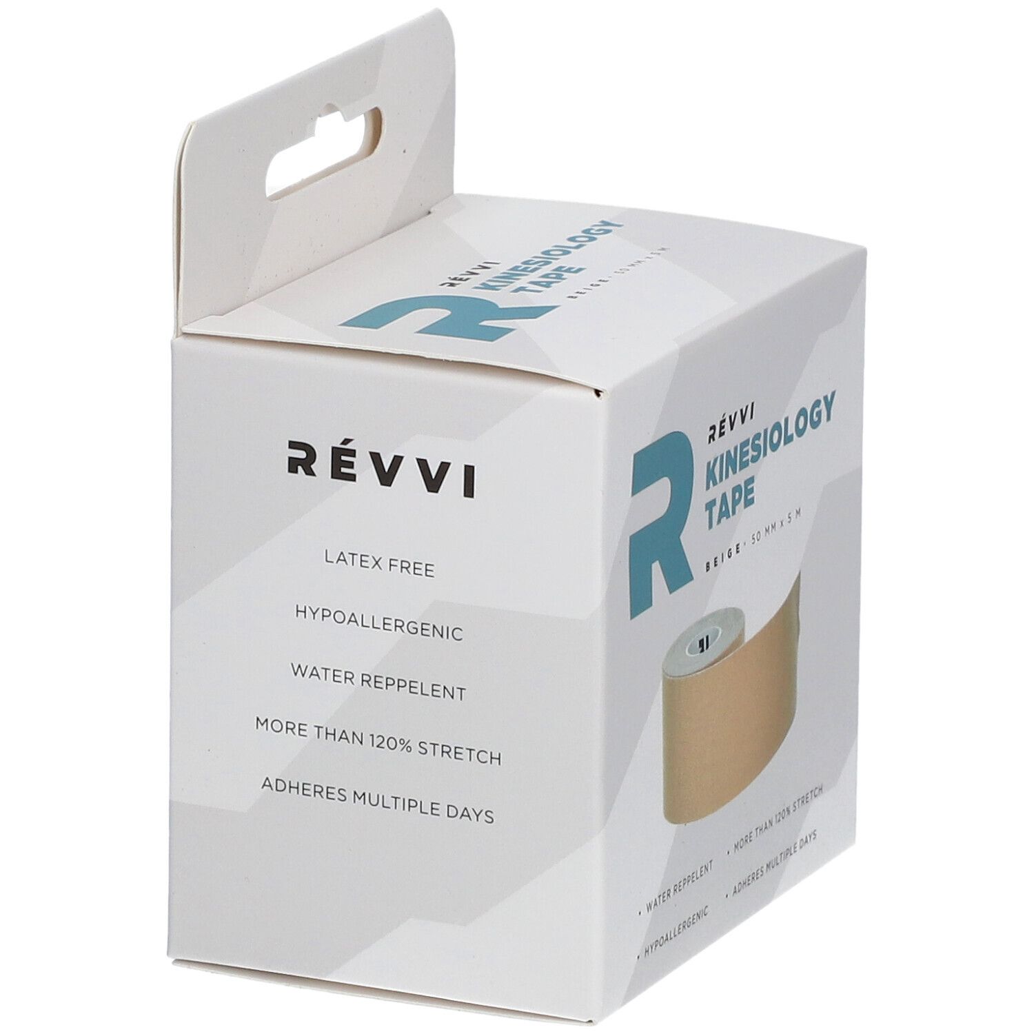 Boîte de ruban de kinésiologie. Marque RÉVVI. Beige. Caractéristiques : sans latex, hypoallergénique, hydrofuge, extensible.
