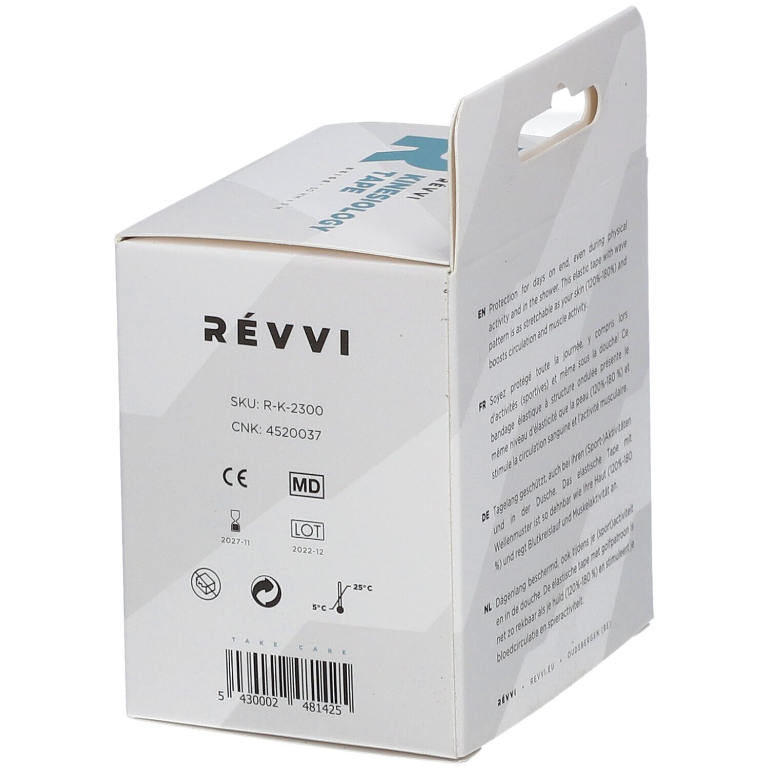 Dos de la boîte avec informations produit. Ruban de kinésiologie. Marque RÉVVI. Marquage CE, symbole MD.