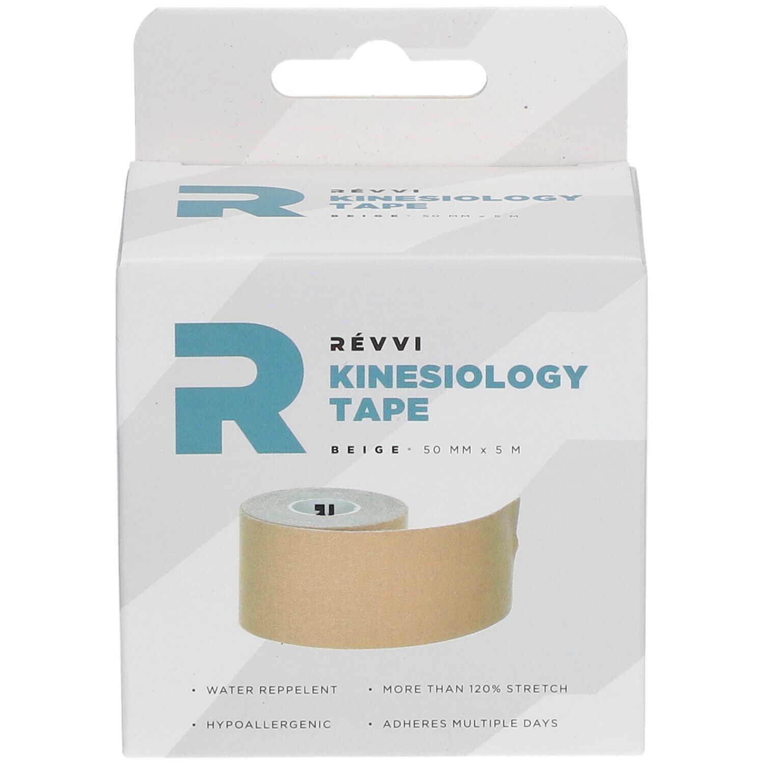 Ruban de kinésiologie en boîte. Marque RÉVVI. Beige. 50 mm x 5 m. Hydrofuge, hypoallergénique, extensible.