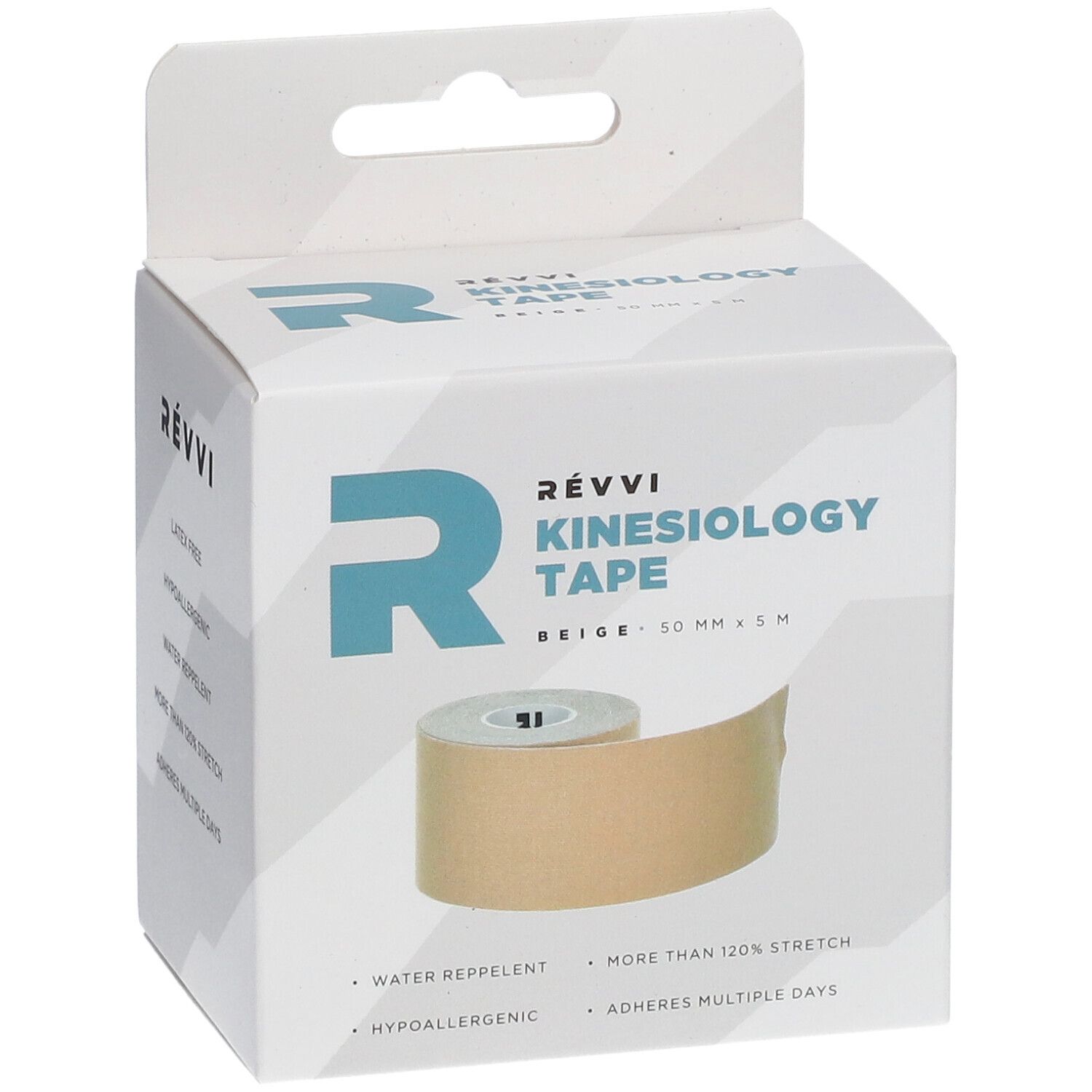 Ruban de kinésiologie en boîte. Marque RÉVVI. Beige. 50 mm x 5 m. Hydrofuge, hypoallergénique, extensible.