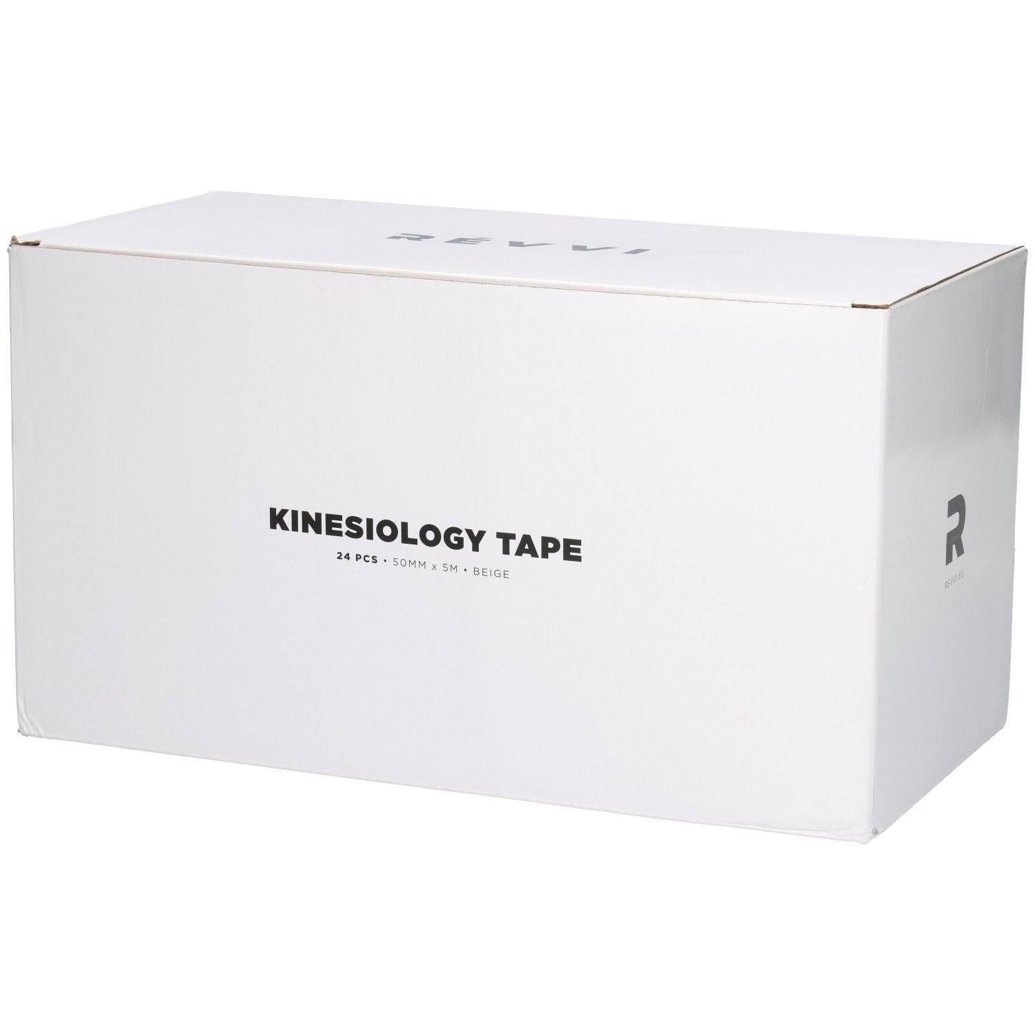 Boîte en carton blanche avec inscription "KINESIOLOGY TAPE" et logo "REVVI".