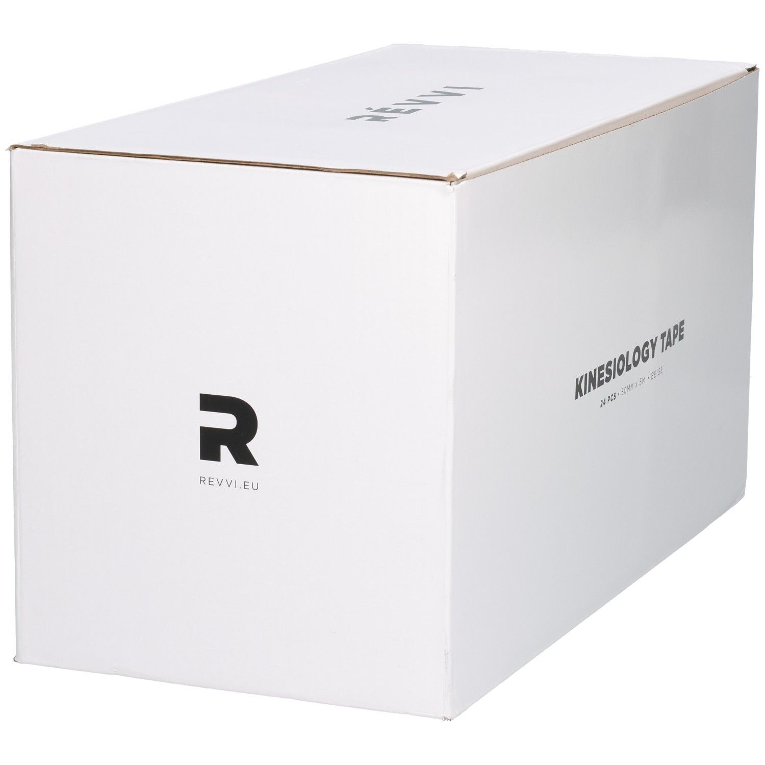 Boîte en carton blanche avec logo "REVVI" et adresse de site web "REVVI.EU".