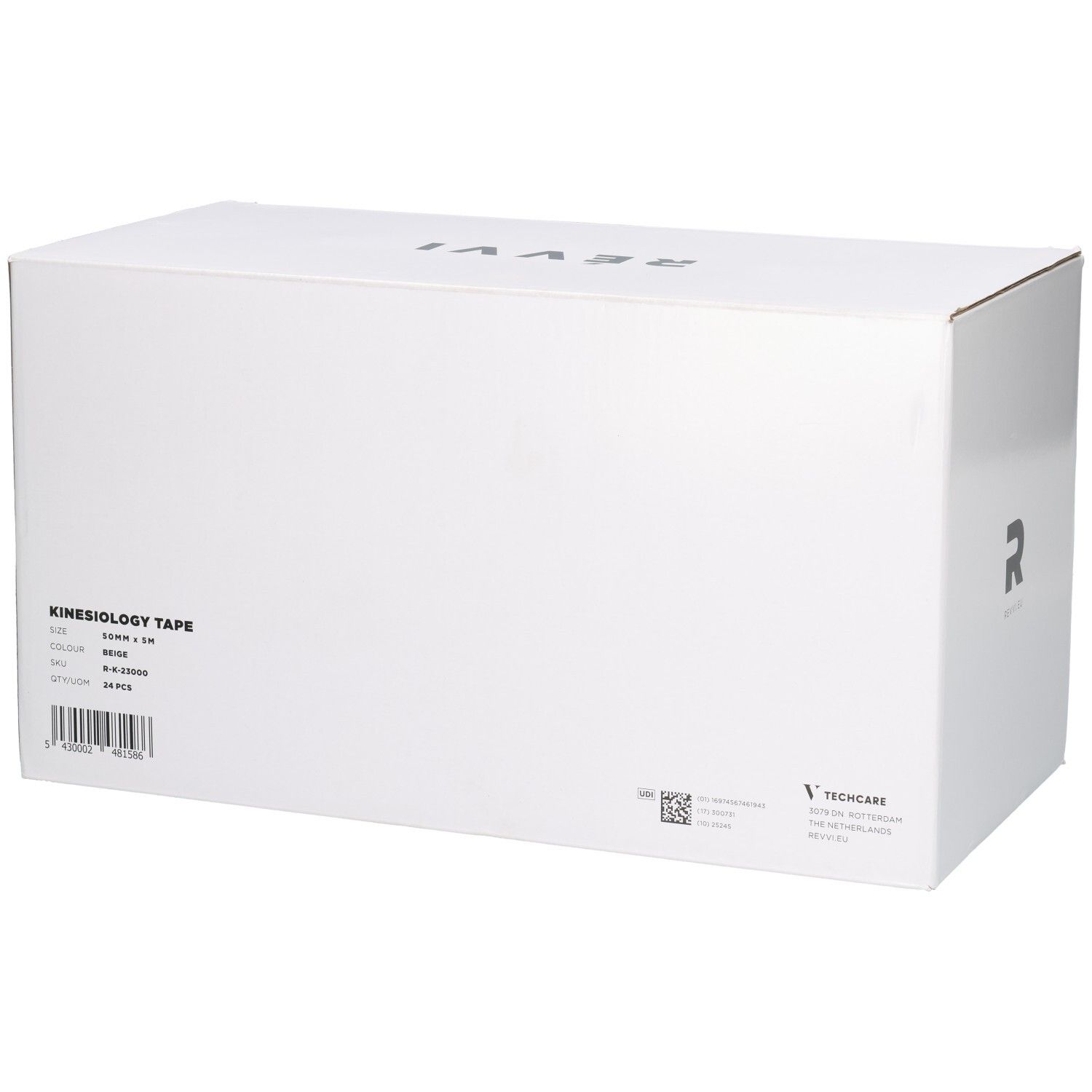 Arrière d'une boîte en carton blanche avec informations produit et logo "TECHCARE".