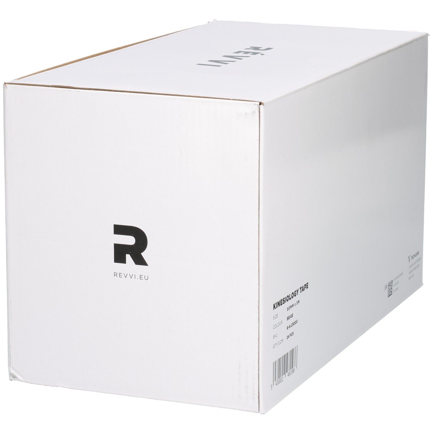Vue latérale d'une boîte en carton blanche avec logo "REVVI" et informations produit.