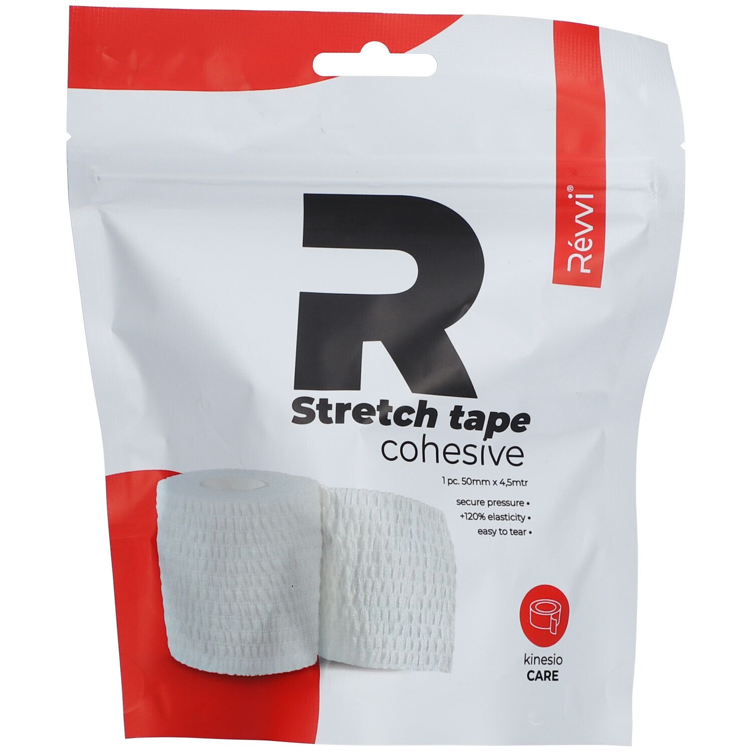 Ruban adhésif extensible blanc dans un emballage. Inscription: R, Stretch tape cohesive, 50mm x 4,5m. Logo Kinesio Care.
