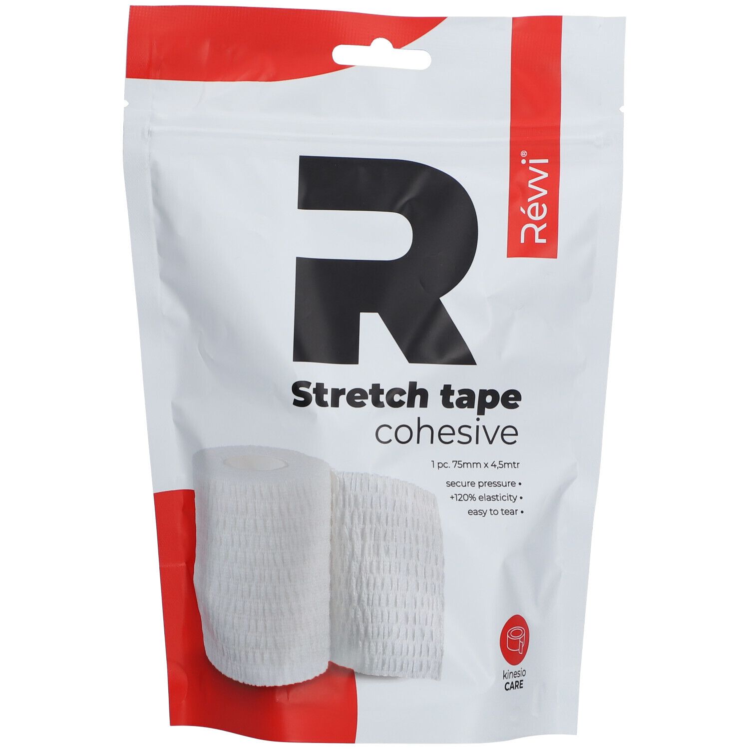 Ruban adhésif extensible blanc dans un emballage. Inscription : RÉVVI, Stretch tape cohesive, 75 mm x 4,5 m. Visible : rouleau de ruban.