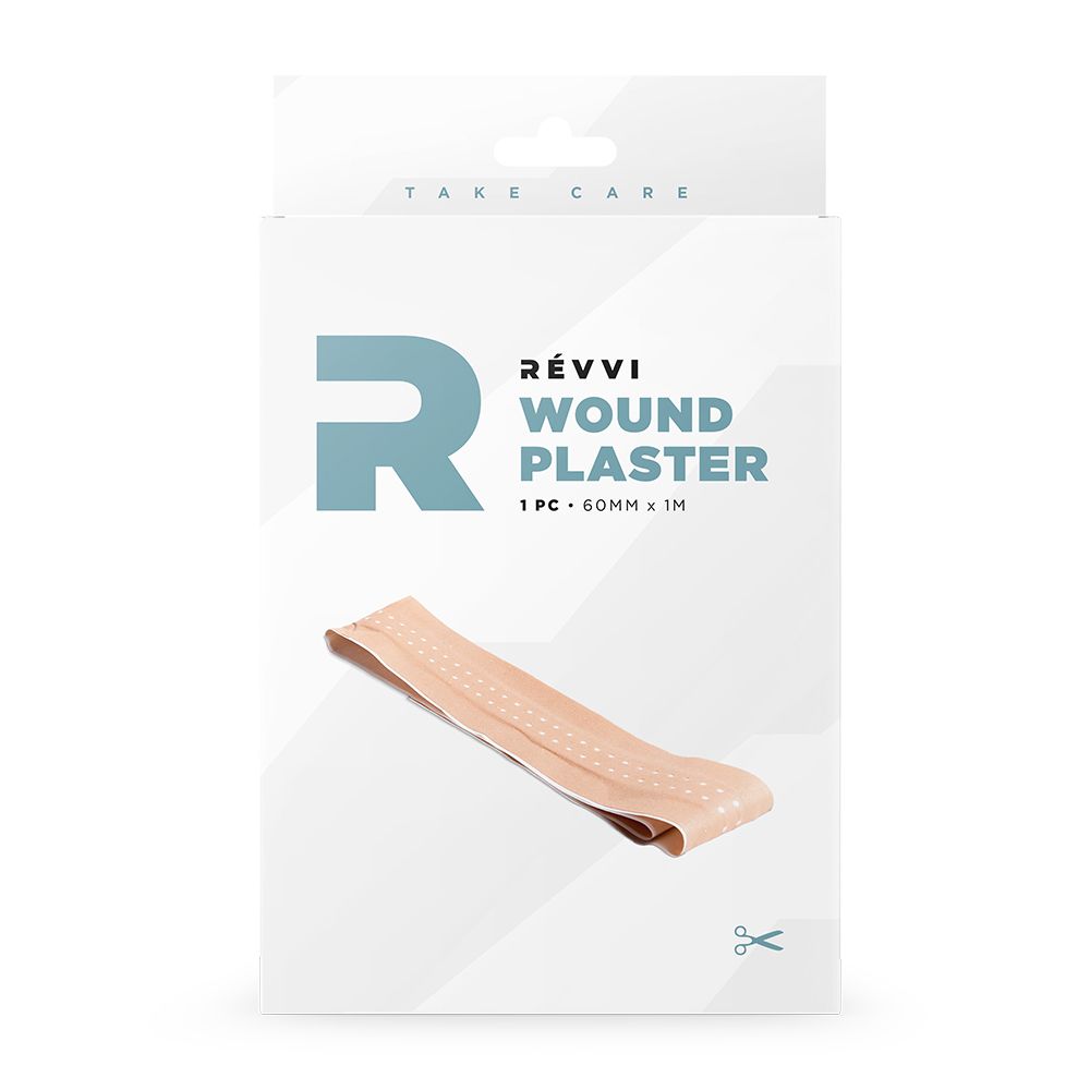Emballage de pansements. Blanc avec logo 'Révvi'. 'Wound Plaster' et '1 PC - 60 mm x 1 M'. Symbole de ciseaux.