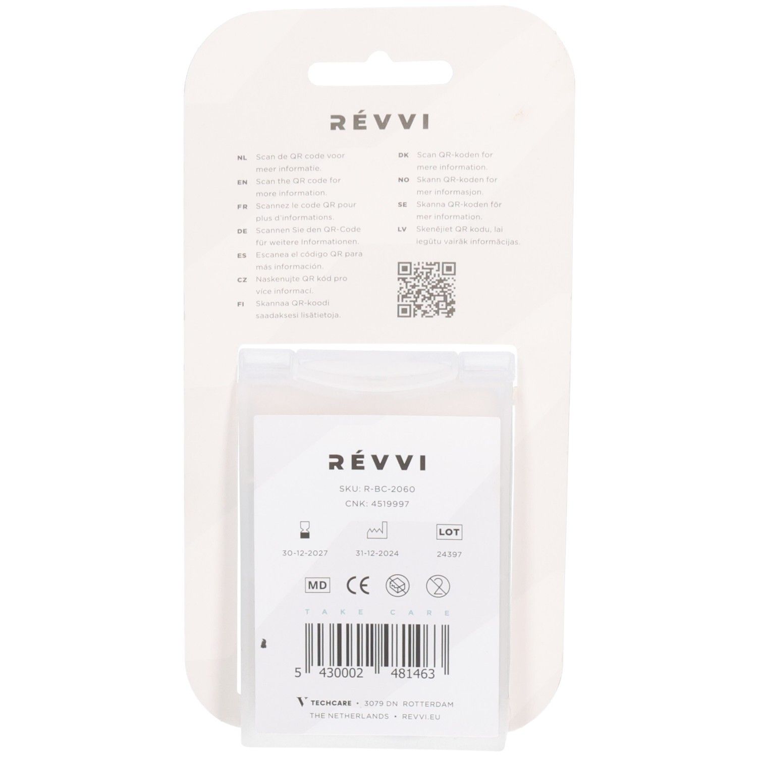Dos de l'emballage avec informations. Code QR et informations sur le produit. Logo RÉVVI visible.