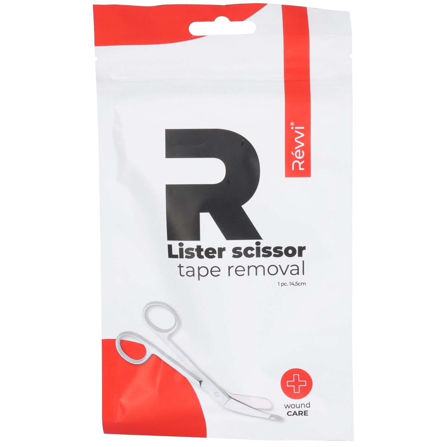 Emballage avec ciseaux. Inscription : RÉVVI, Lister scissor, tape removal. Symbole croix rouge. Ciseaux en acier inoxydable.
