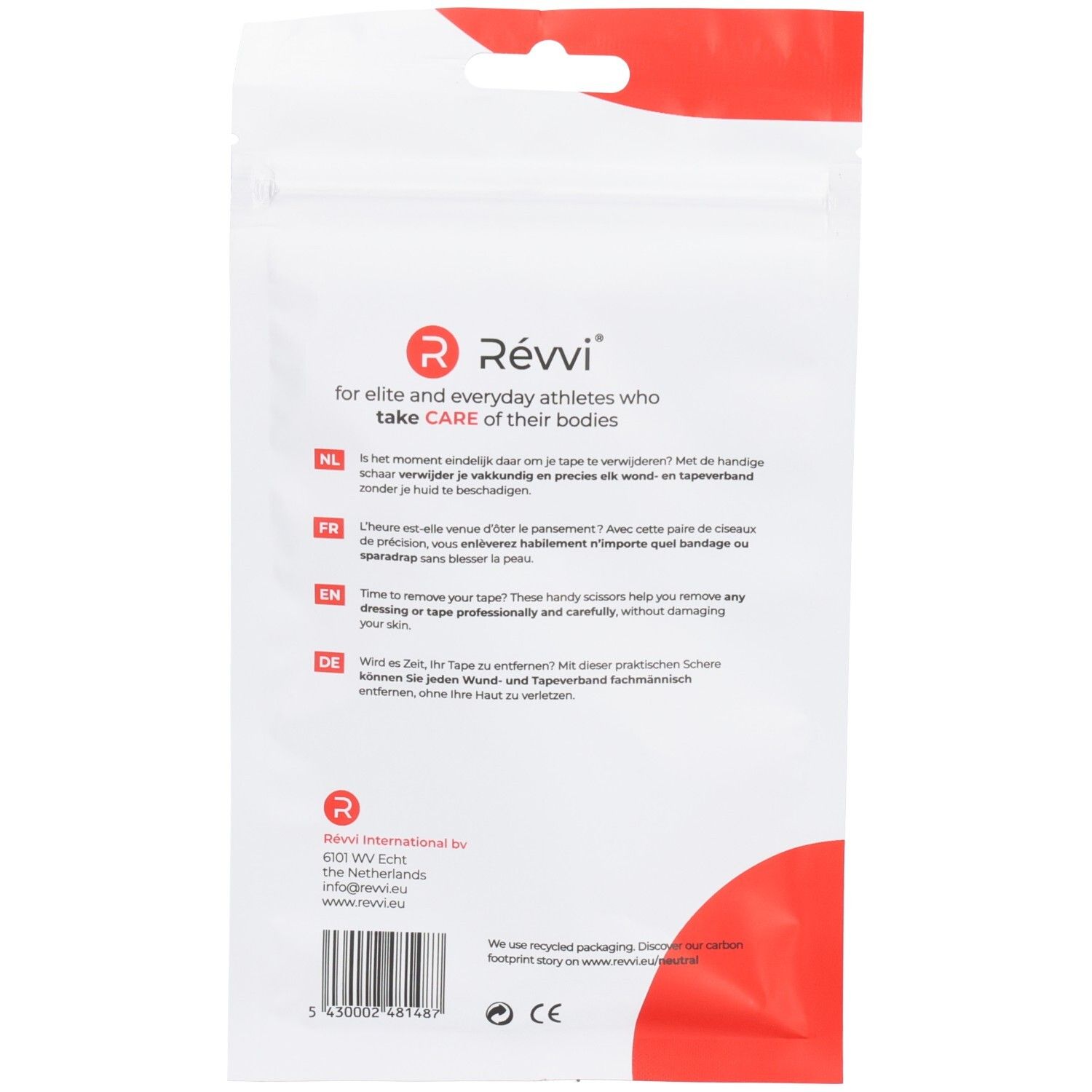 Dos de l'emballage. Texte : RÉVVI, pour les athlètes. Textes en NL, FR, EN, DE. Logo RÉVVI. Informations fabricant.