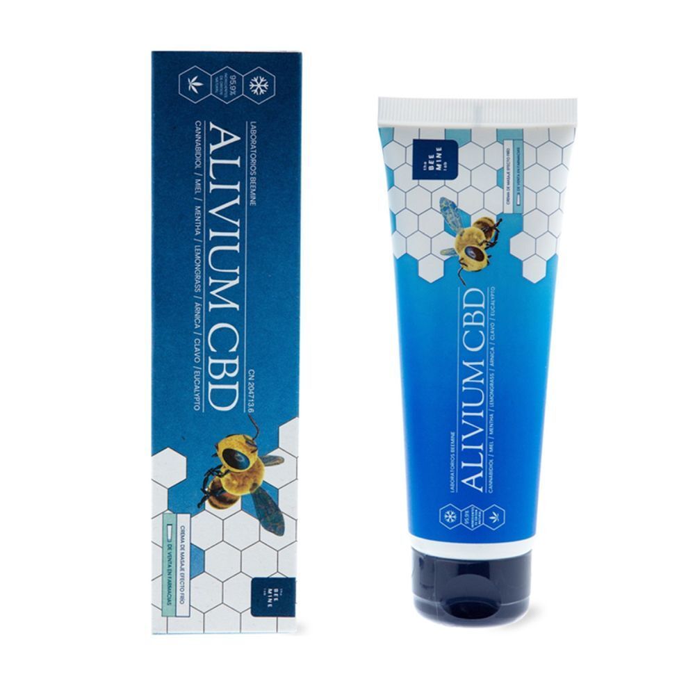 Tube et boîte. Inscription : Alivium CBD, Laboratoires Beemine. Logo d'abeille.