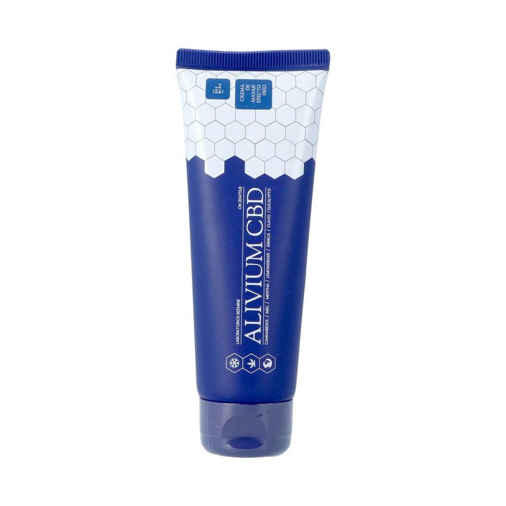 Tube bleu avec bouchon blanc. Inscription : Alivium CBD, Laboratoires Beemine. Motif hexagonal.