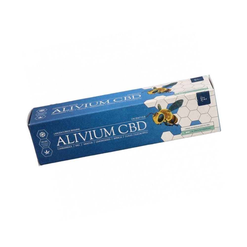Emballage du produit. Inscription : Alivium CBD. Logo d'abeille. Marque : The Beemine Lab.