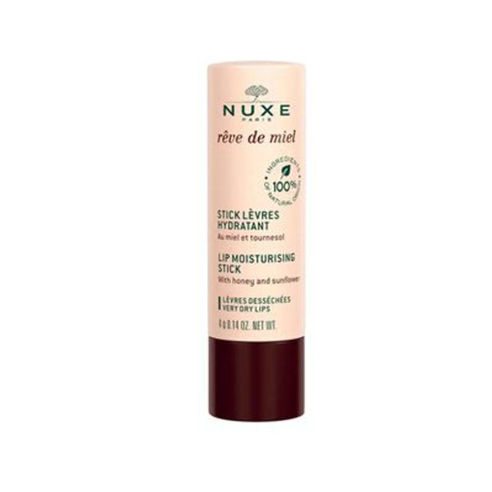 Stick hydratant pour les lèvres. Bâton beige avec base marron. Inscription: Nuxe, Rêve de Miel, Stick Lèvres Hydratant, 100% naturel.