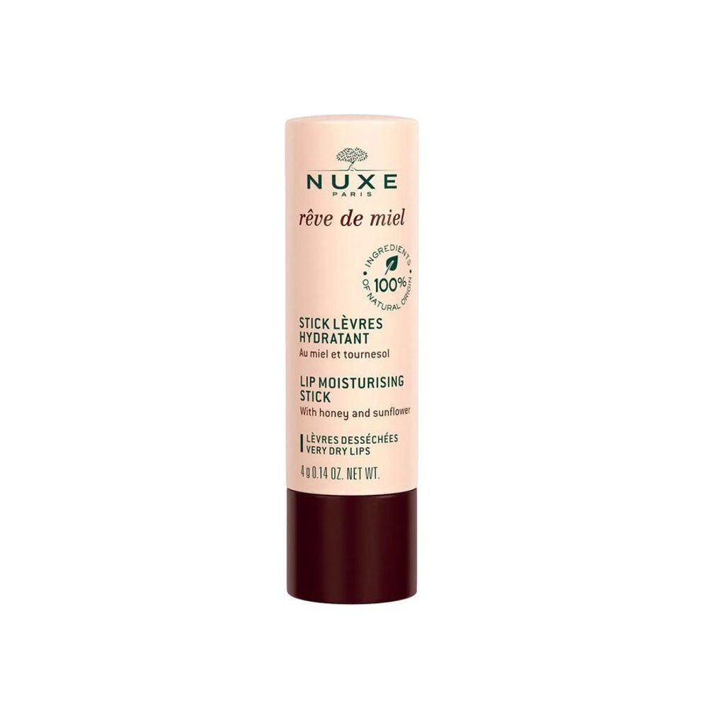 Nuxe Rêve de Miel stick lèvres hydratant, 4g, ouvert. Au miel et tournesol. Ingrédients 100% naturels.