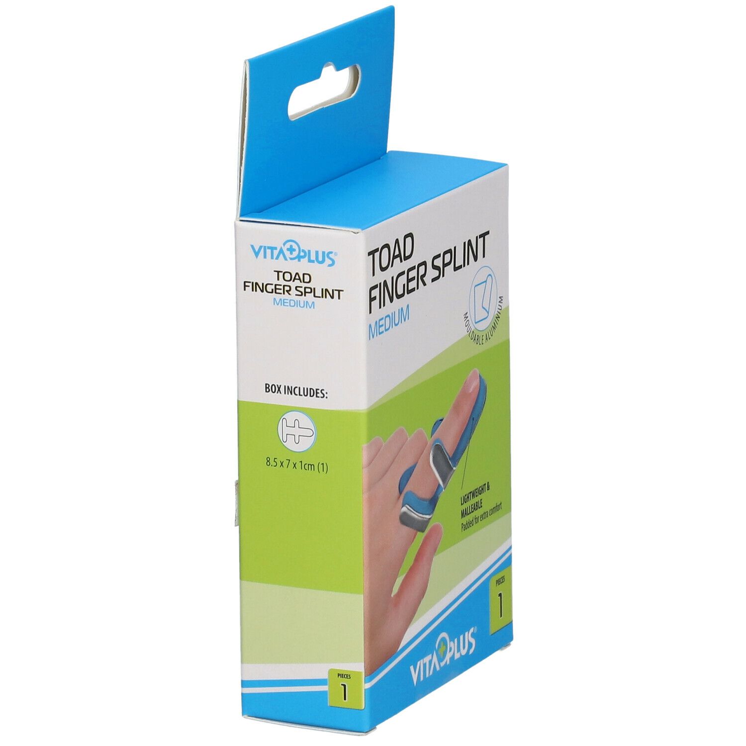 Boîte Vitaplus Attelle de Doigt Medium. Boîte bleue et verte avec image du produit et texte.