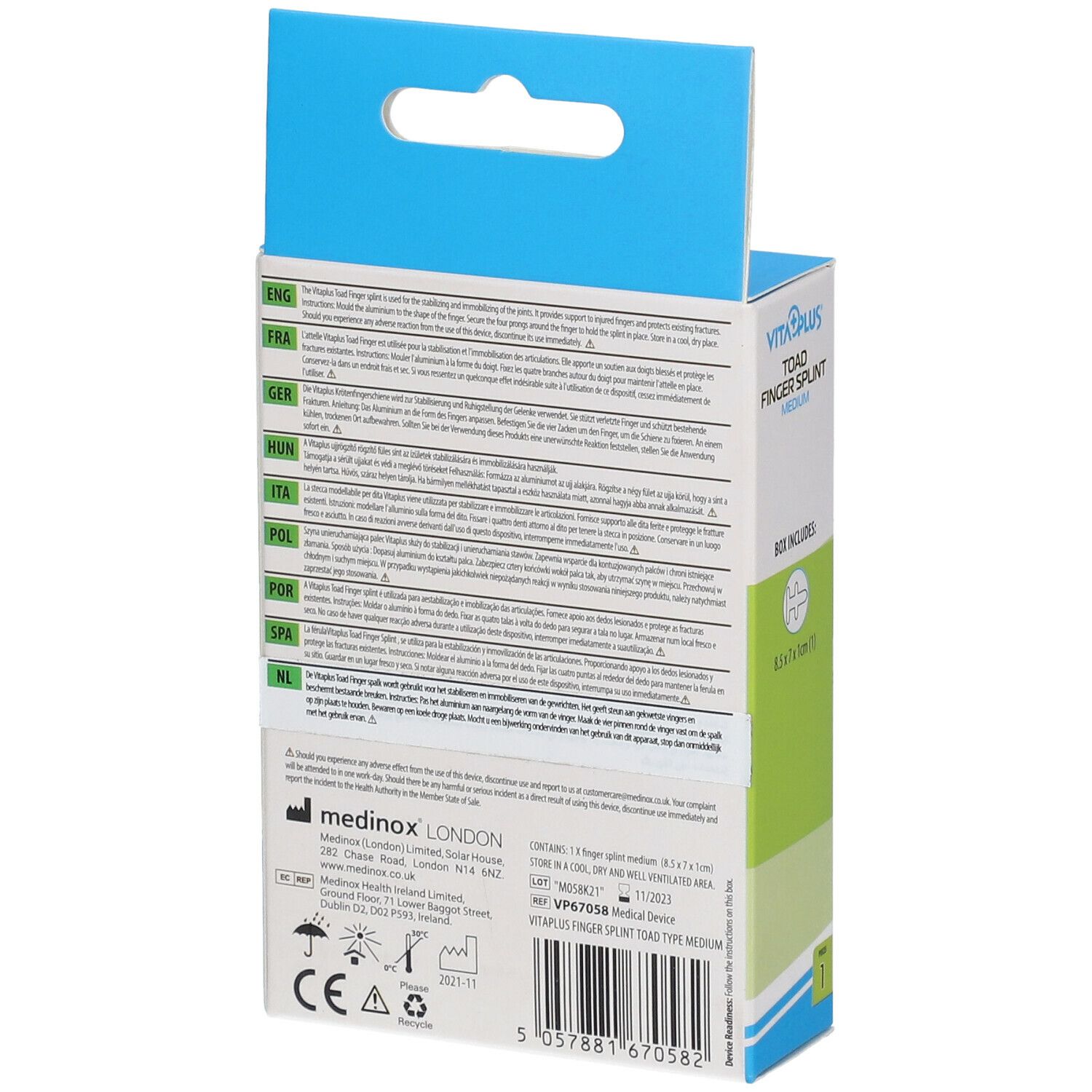 Dos de la boîte Vitaplus Attelle de Doigt Medium. Texte multilingue et informations sur le produit.