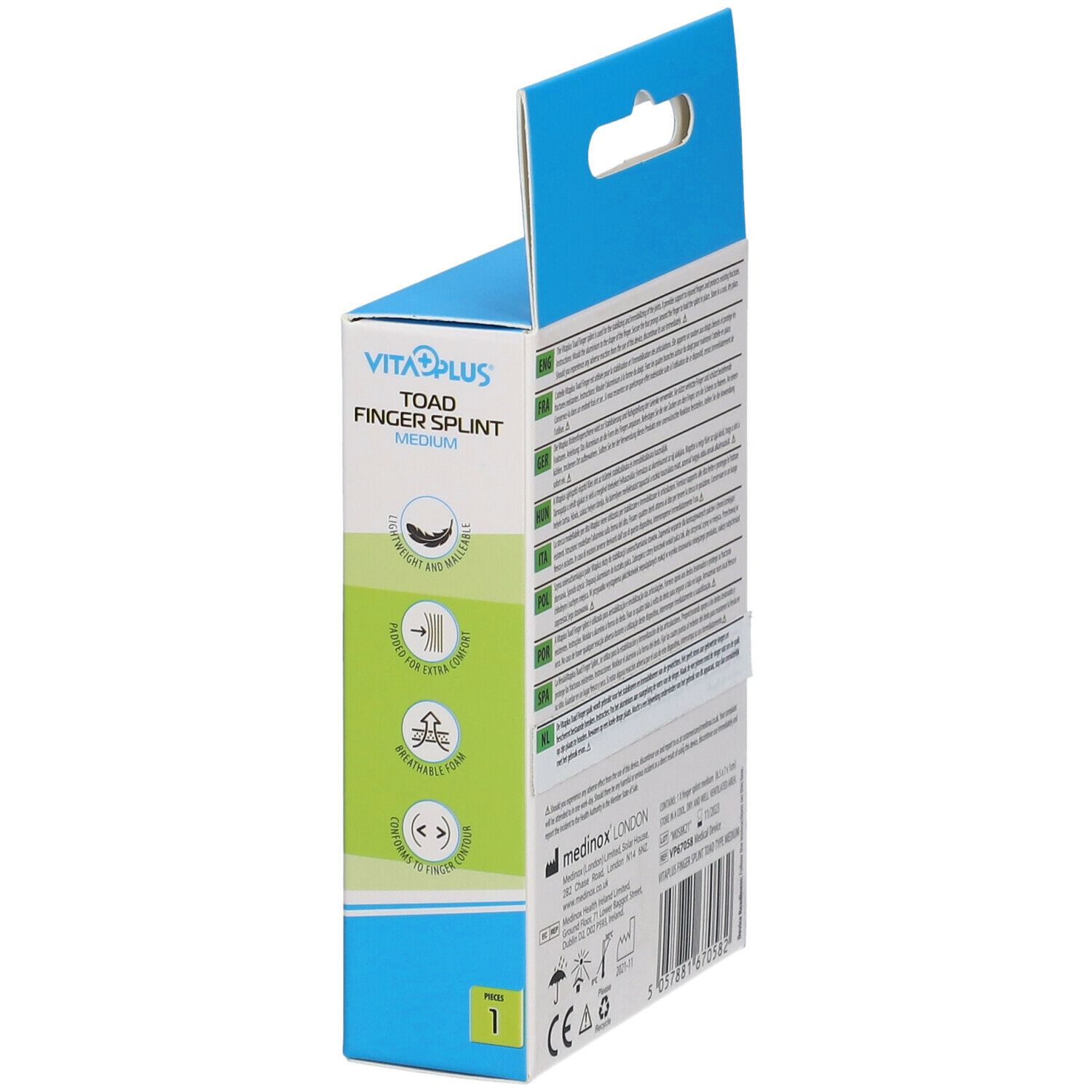 Côté de la boîte Vitaplus Attelle de Doigt Medium. Texte et informations sur le produit sur fond vert.