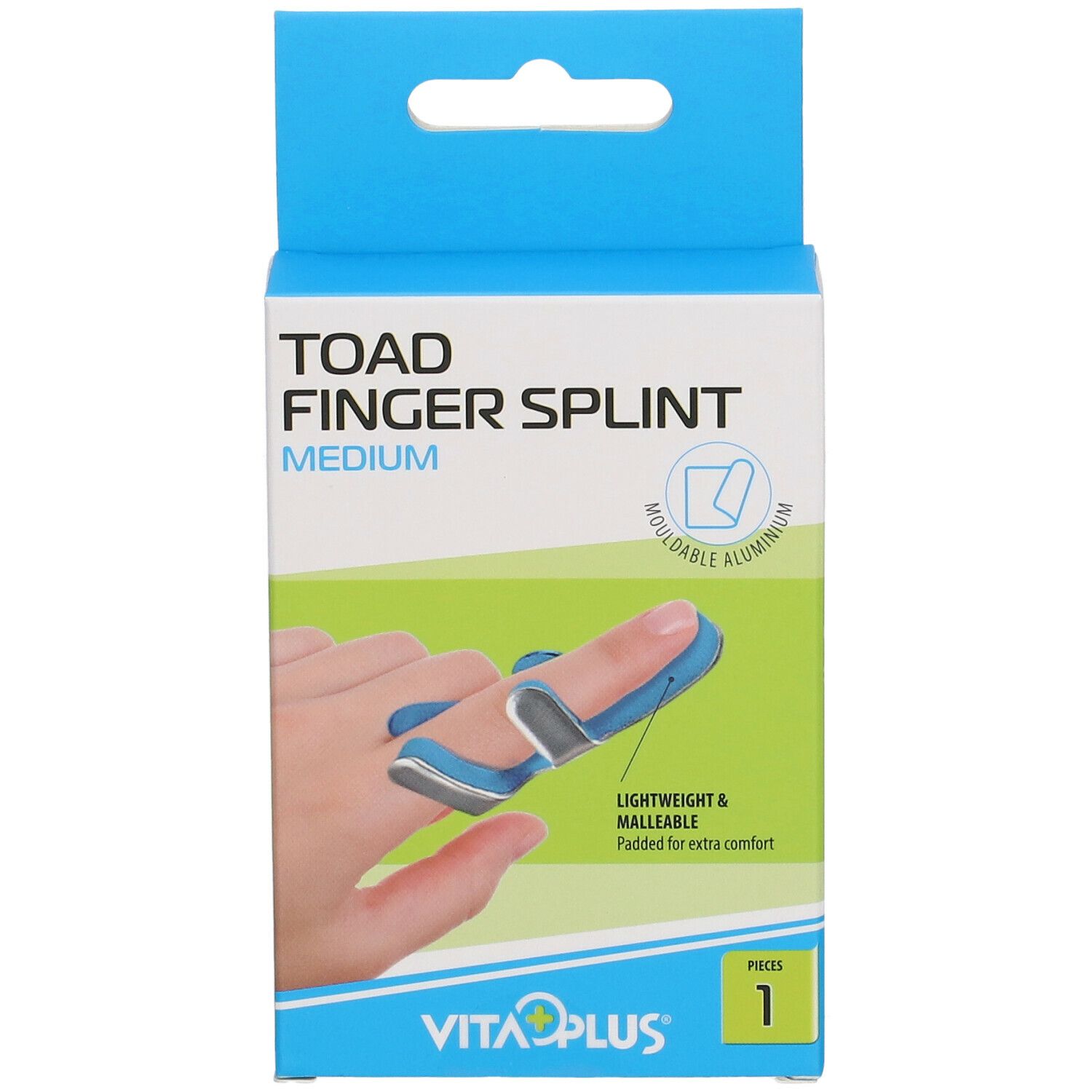 Boîte Vitaplus Attelle de Doigt Medium. Boîte bleue et verte avec image du produit et texte.