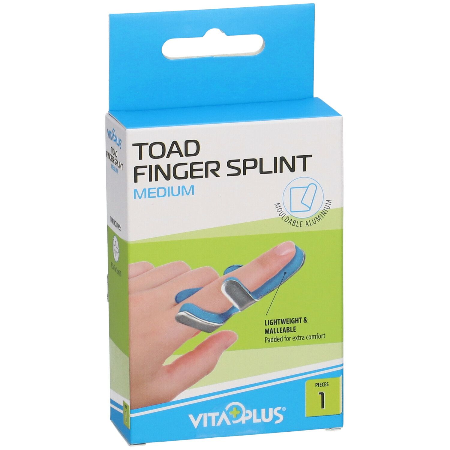 Boîte Vitaplus Attelle de Doigt Medium. Boîte bleue et verte avec image du produit et texte.