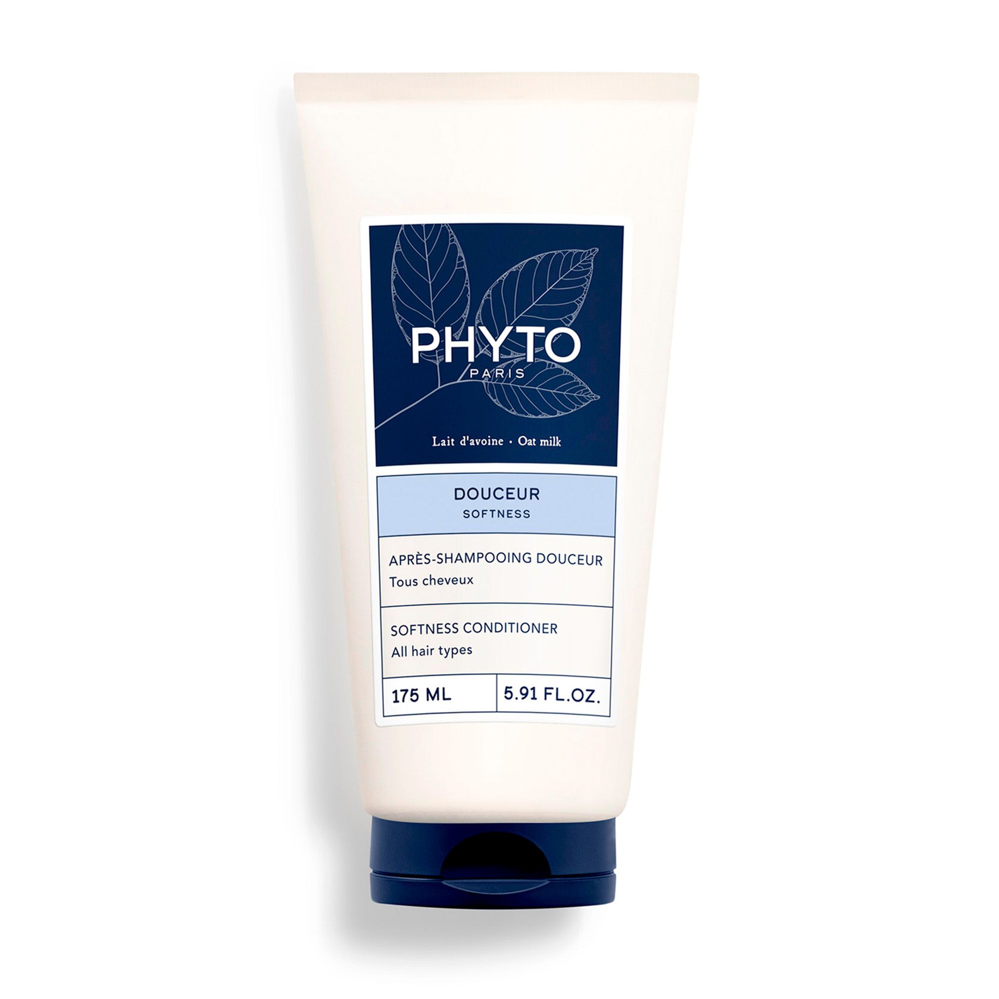 Tube blanche et bleue. Inscription PHYTO PARIS, DOUCEUR SOFTNESS, APRES-SHAMPOOING DOUCEUR, SOFTNESS CONDITIONER. Volume : 175 ml.