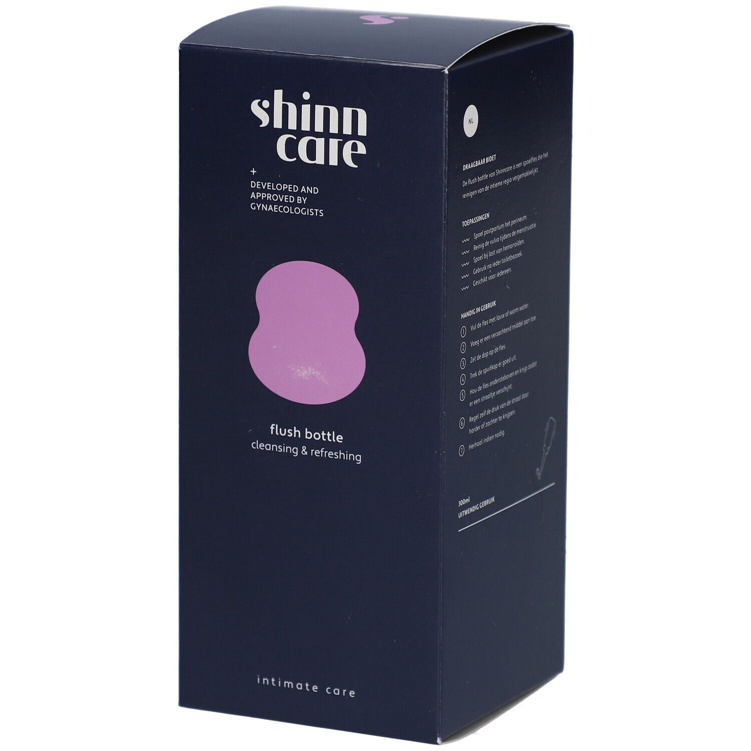 Boîte bleu foncé avec informations produit. Inscription: shinn care, flush bottle, soins intimes.