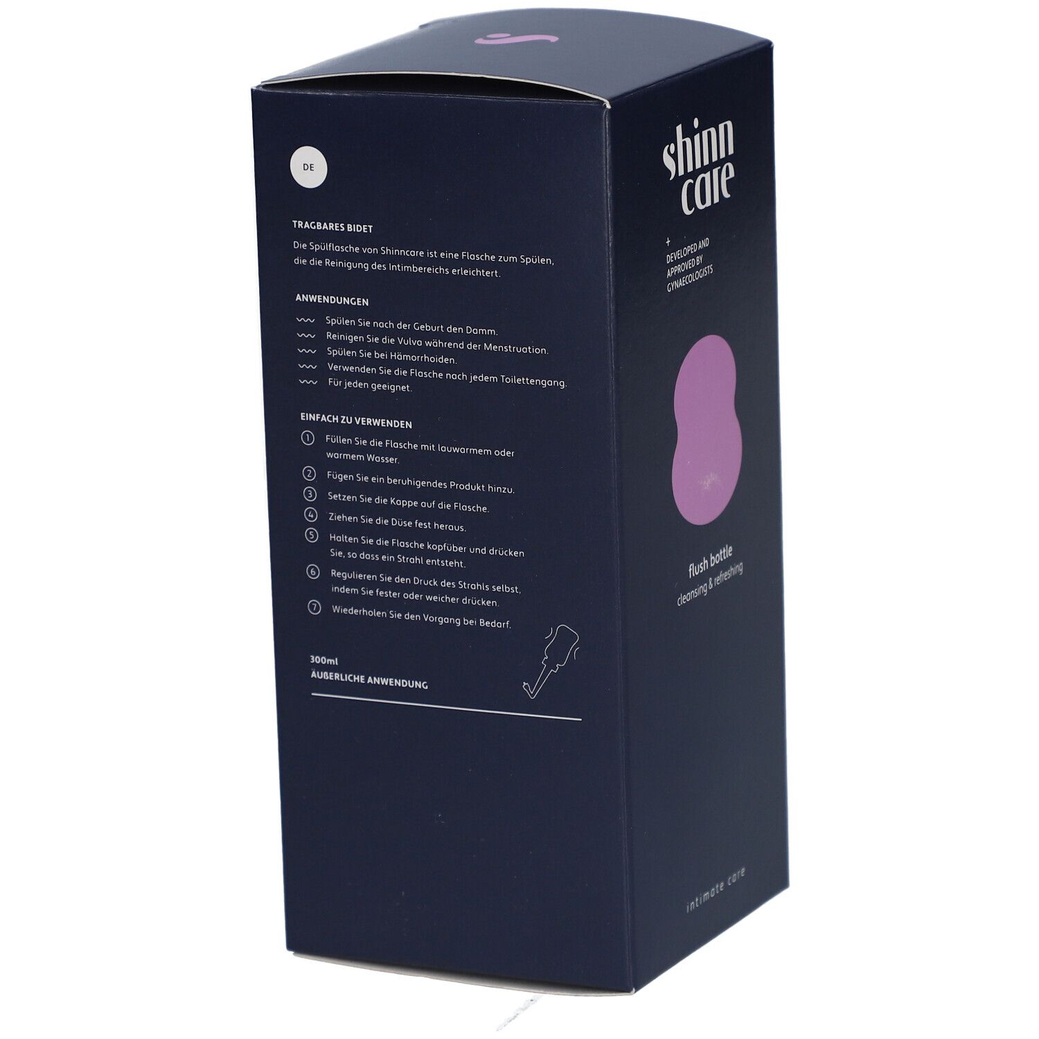Boîte bleu foncé avec informations produit. Inscription: shinn care, flush bottle, soins intimes. Texte au dos.