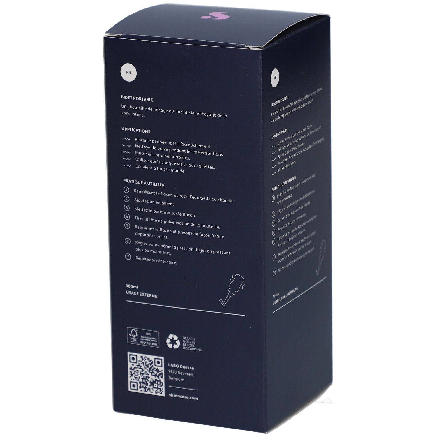 Boîte bleu foncé avec informations produit. Inscription: shinn care, flush bottle, soins intimes. Texte au dos.