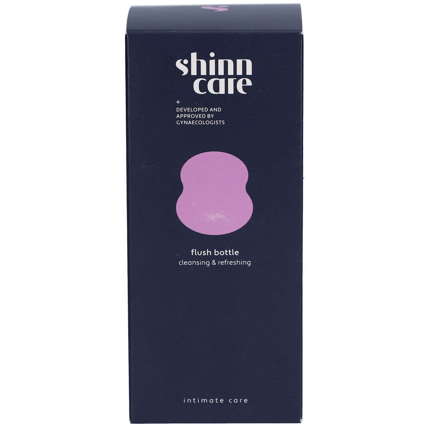 Boîte bleu foncé avec informations produit. Inscription: shinn care, flush bottle, soins intimes.