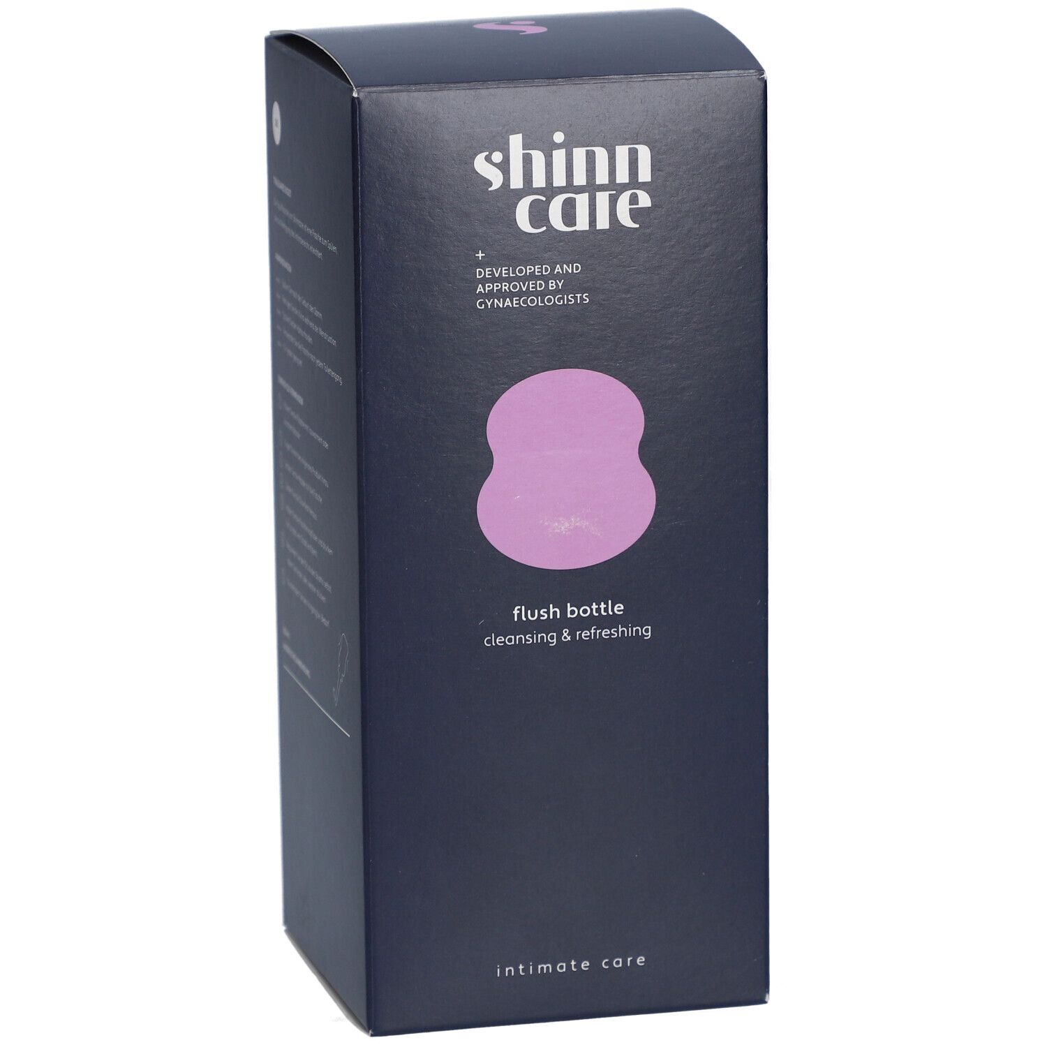 Boîte bleu foncé avec informations produit. Inscription: shinn care, flush bottle, soins intimes.
