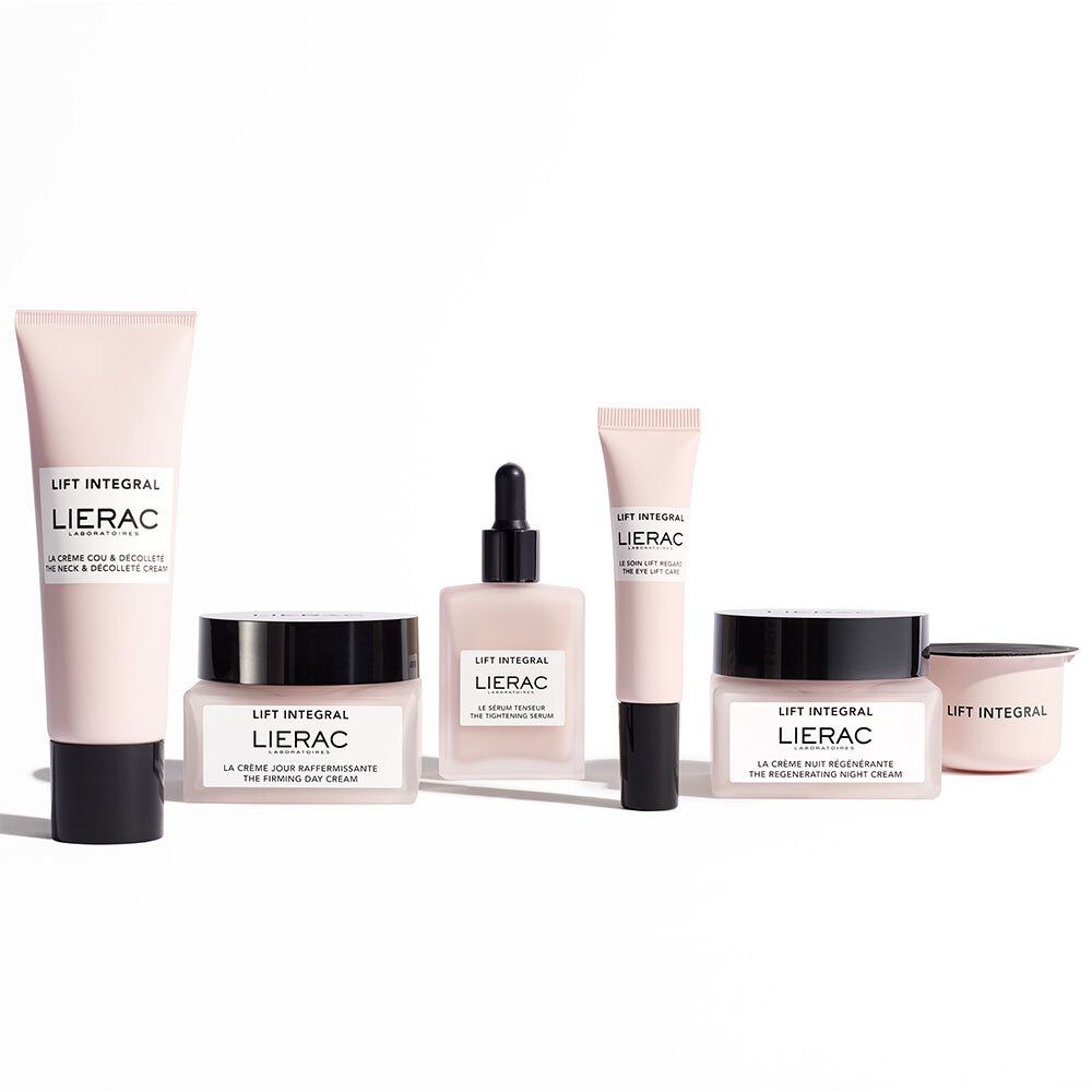 Divers produits cosmétiques. Tubes et pots roses. Inscription : Lift Integral, Lierac Laboratoires.