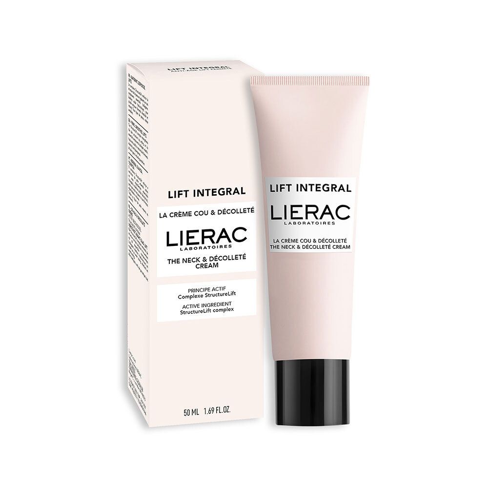 Tube rose et emballage. Inscription : Lift Integral, Lierac Laboratoires, La Crème Cou & Décolleté.
