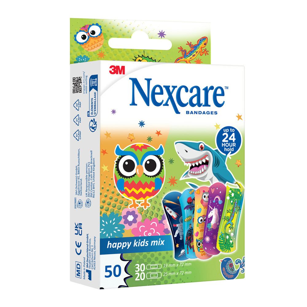 Boîte de pansements Nexcare. Contient 50 pansements, 30 de 19mm x 72mm et 20 de 25mm x 72mm. Motifs enfants.