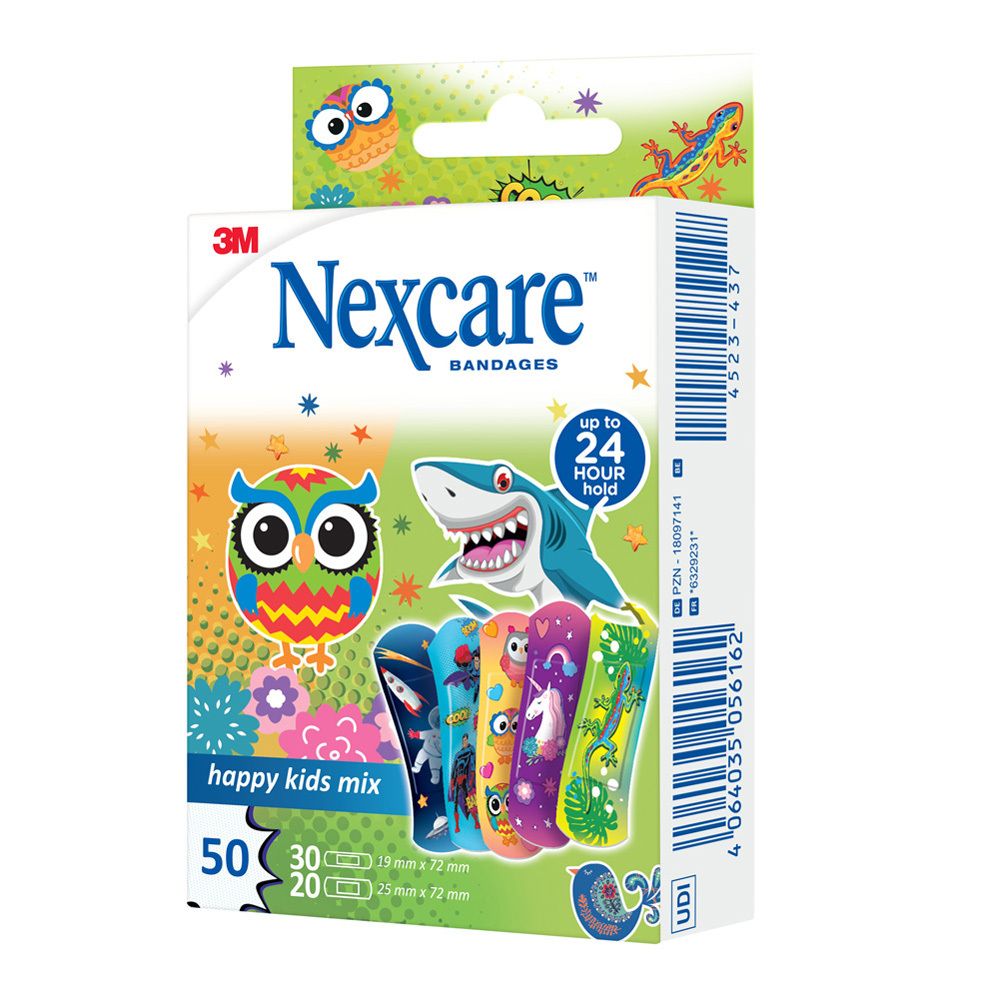 Boîte de pansements Nexcare. Contient 50 pansements, 30 de 19mm x 72mm et 20 de 25mm x 72mm. Motifs enfants.