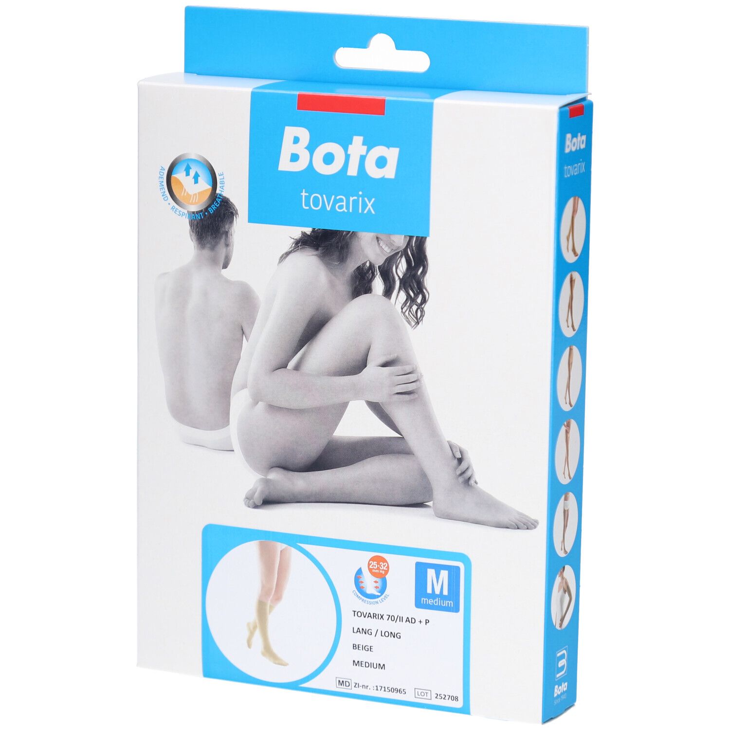 Boîte de Bota Tovarix Steunkous 70/ii AD+P Lang Beige Medium. Image d'une femme et illustration du produit. Taille M.