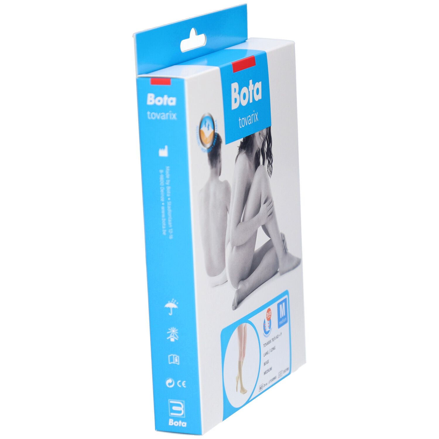 Vue latérale de la boîte de Bota Tovarix Steunkous 70/ii AD+P Lang Beige Medium. Illustration du produit et indication de taille.