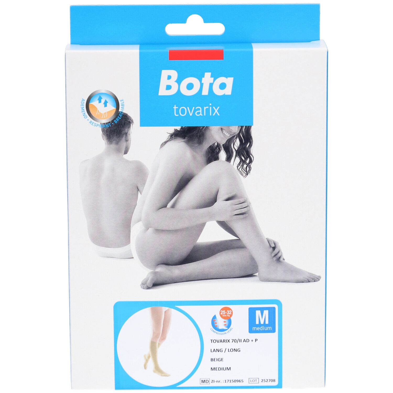 Boîte de Bota Tovarix Steunkous 70/ii AD+P Lang Beige Medium. Image d'une femme et illustration du produit. Taille M.
