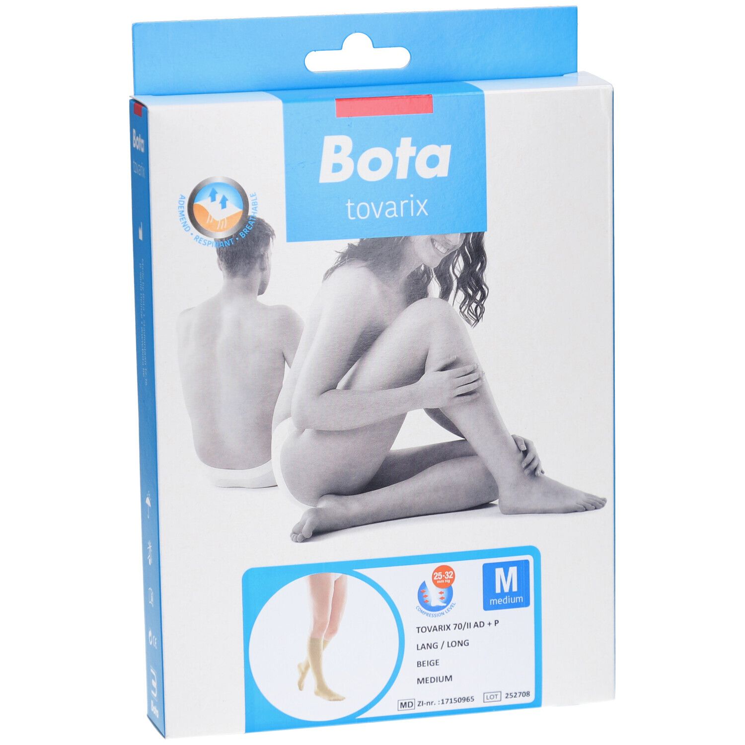 Boîte de Bota Tovarix Steunkous 70/ii AD+P Lang Beige Medium. Image d'une femme et illustration du produit. Taille M.